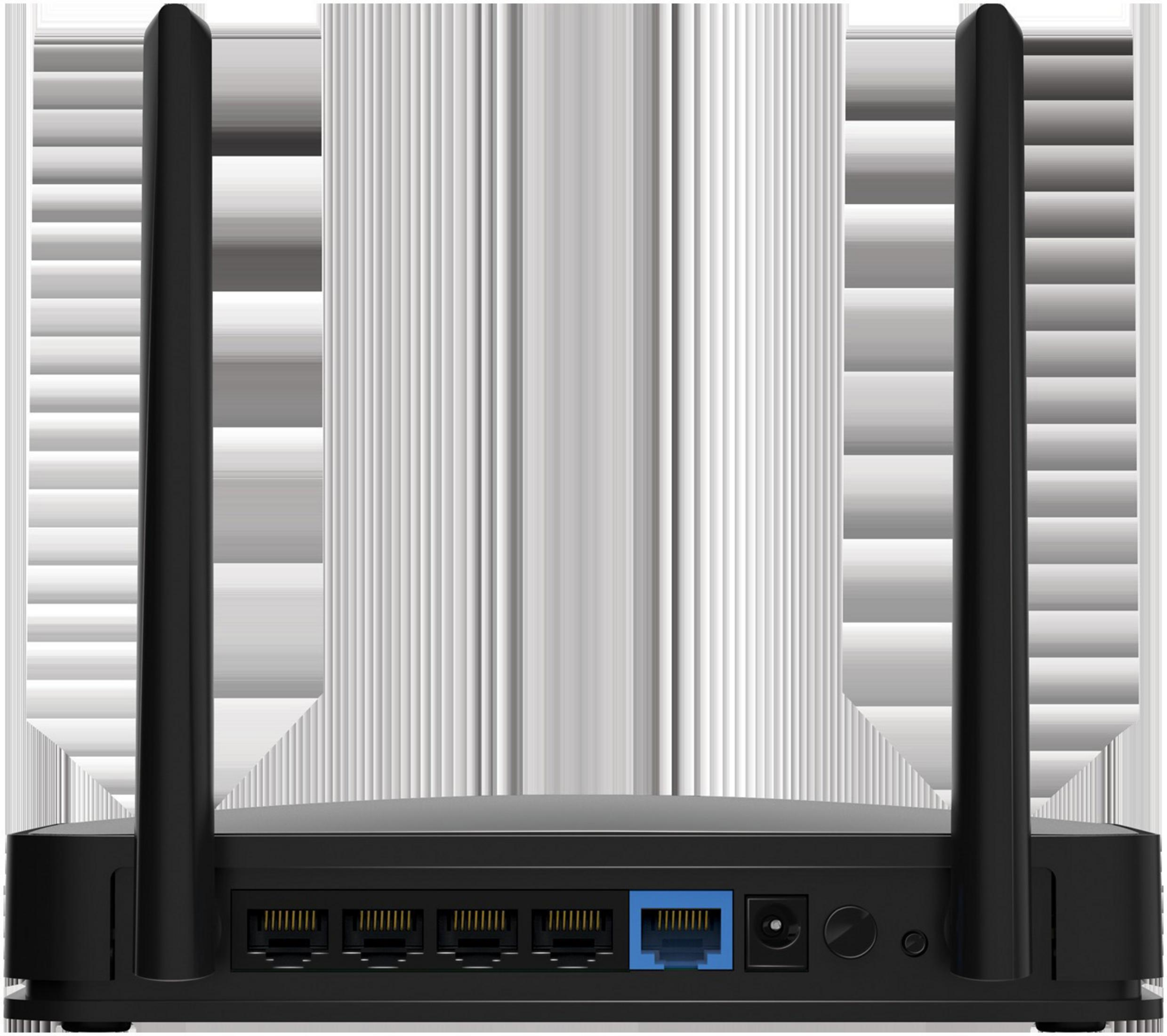 Czarny router z dwiema antenami. Posiada porty do połączenia z internetem i zasilania. Białe tło.