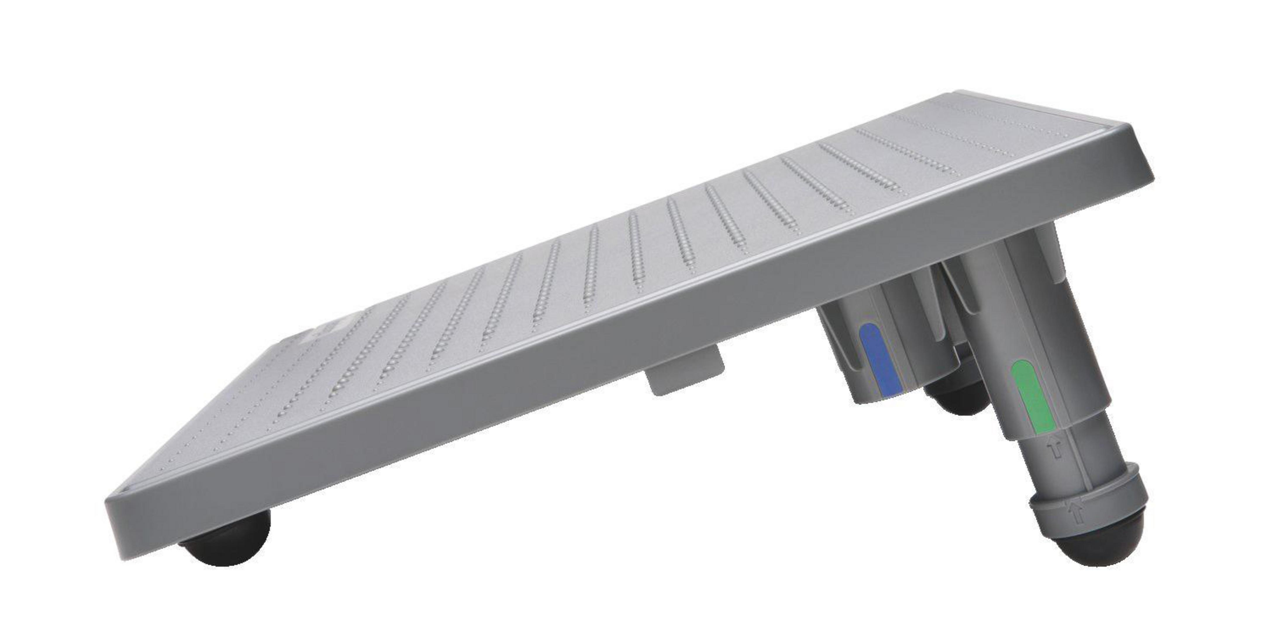 Graue ergonomische Fußstütze mit höhenverstellbar. Isoliert auf weißem Hintergrund.