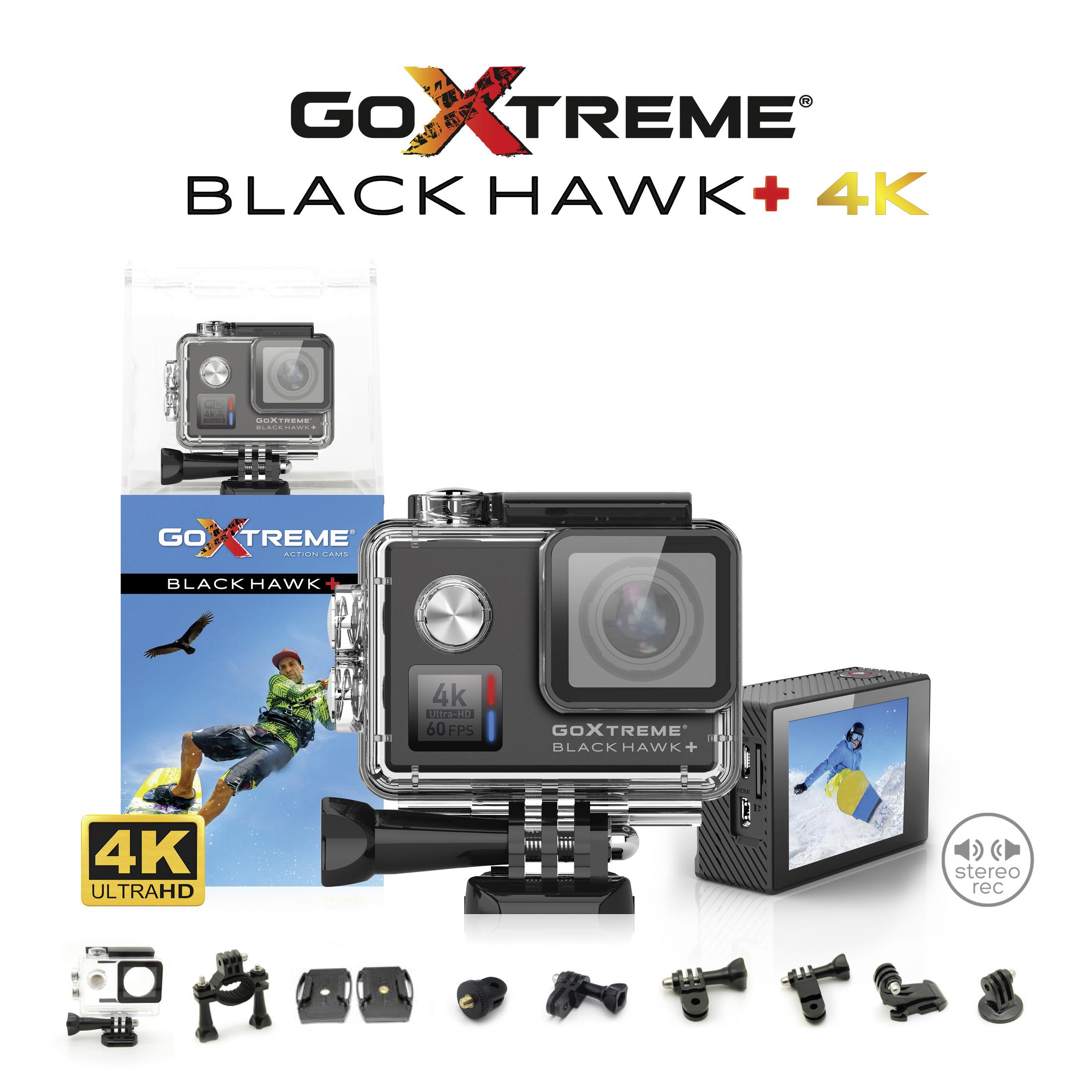 Kamera sportowa z akcesoriami, pudełkiem i tekstem: 'GO XTREME BLACK HAWK+ 4K'.