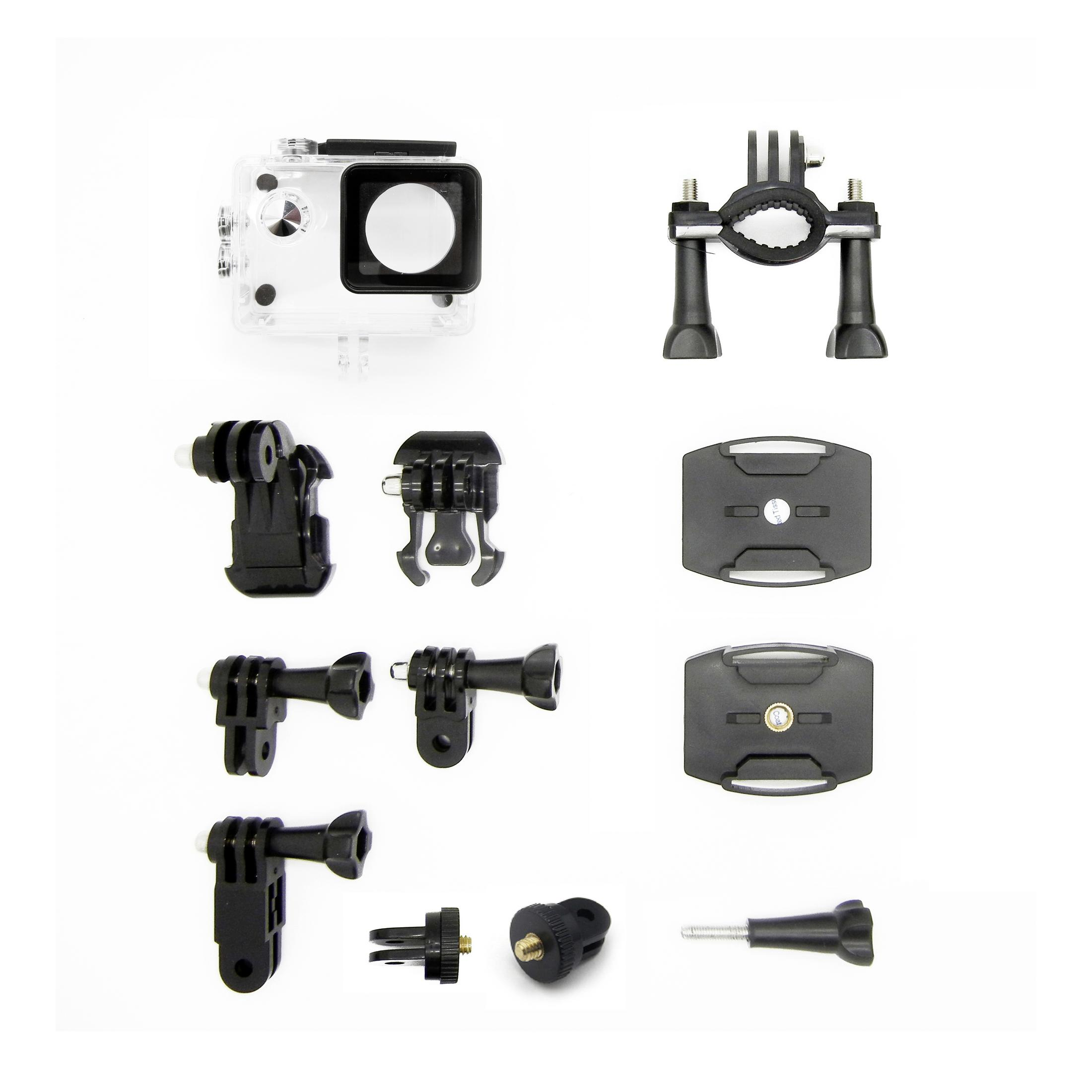 Kamera sportowa i akcesoria, w tym mocowania i śruby, na białym tle.