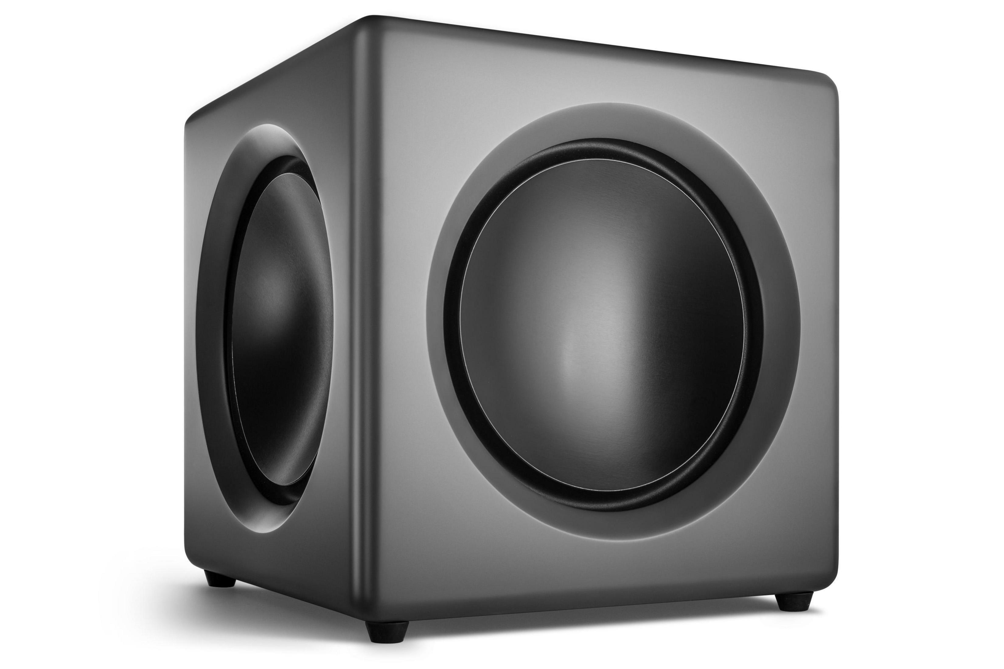Altoparlante subwoofer nero con angoli arrotondati e due altoparlanti visibili. Sfondo bianco.