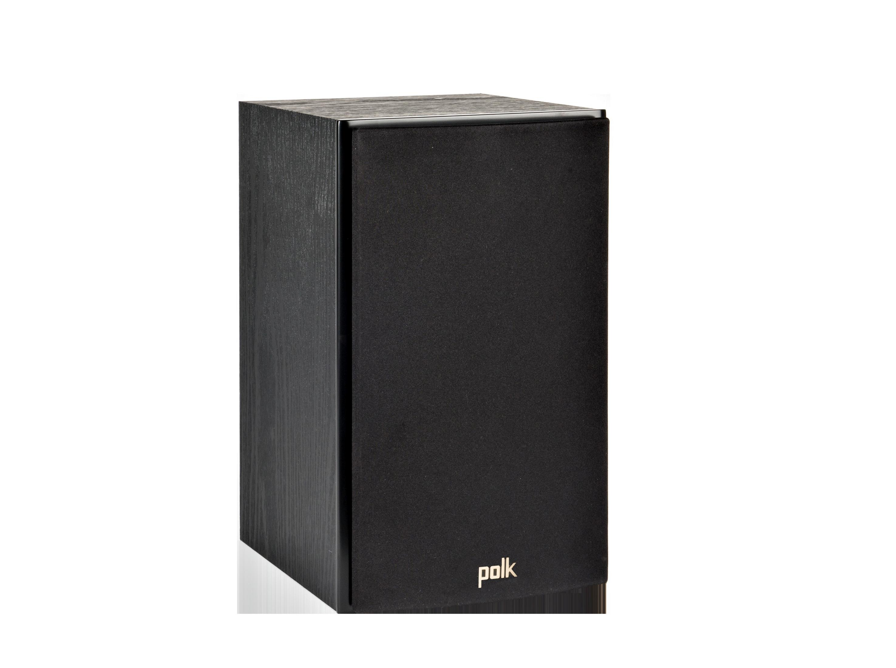 Un diffusore Polk nero, forma rettangolare, con copertura nera su sfondo bianco.