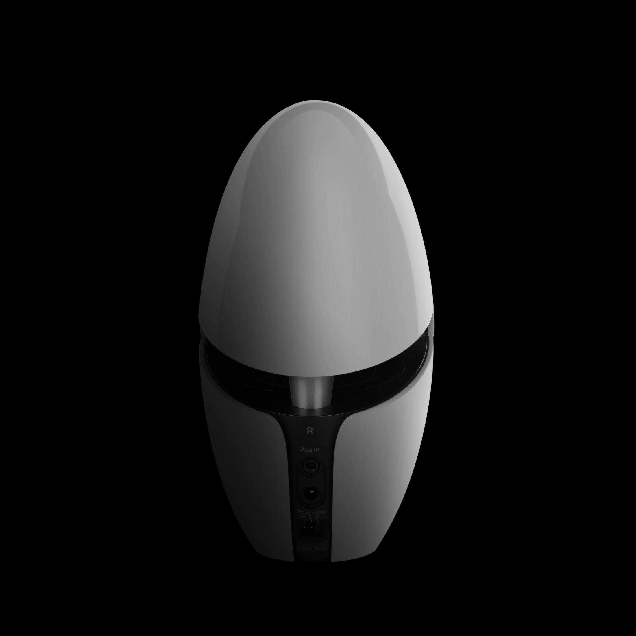 Biały głośnik w kształcie jaja na czarnym tle, z portami na dole.