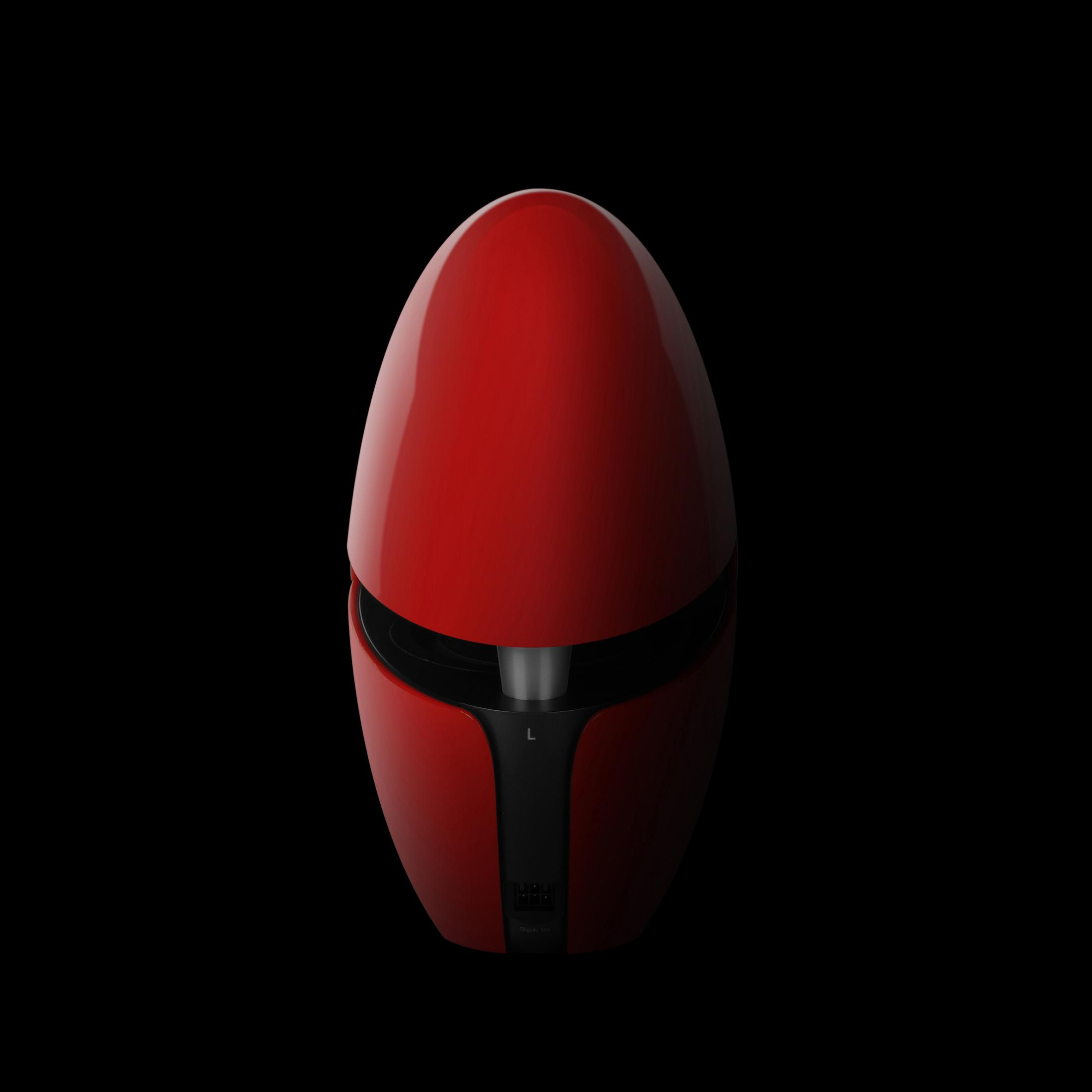 Czerwony głośnik w kształcie jaja na czarnym tle. Na dole mała szara część.