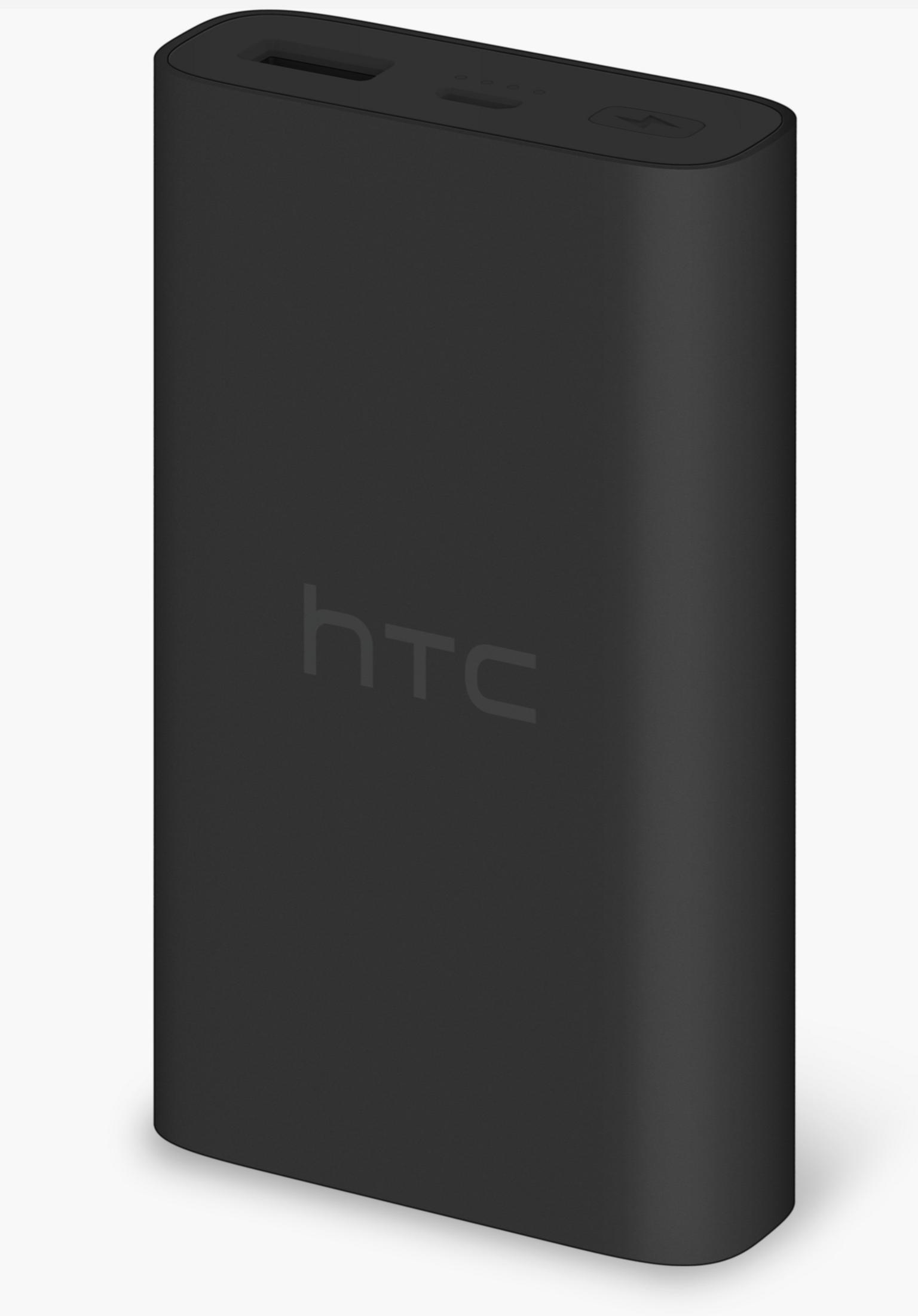 Schwarze rechteckige HTC Powerbank mit Logo. Mit Ladeanschlüssen oben.