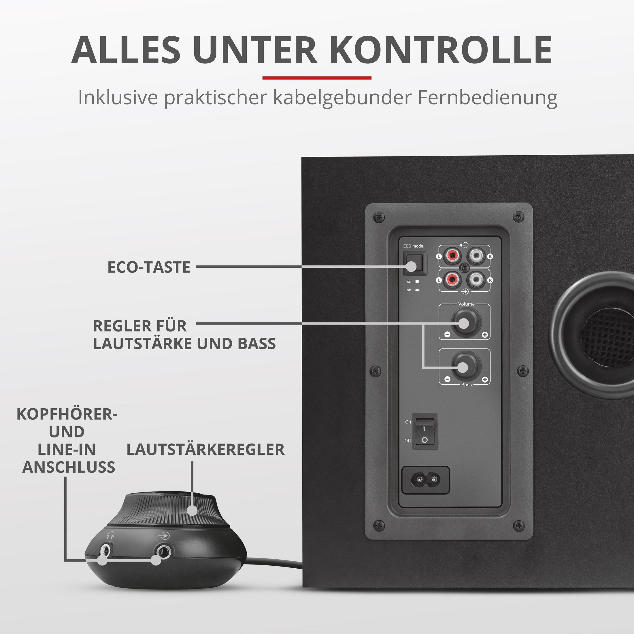 Retro di un altoparlante con controlli ed etichette. Include controlli volume e bassi e jack per cuffie.