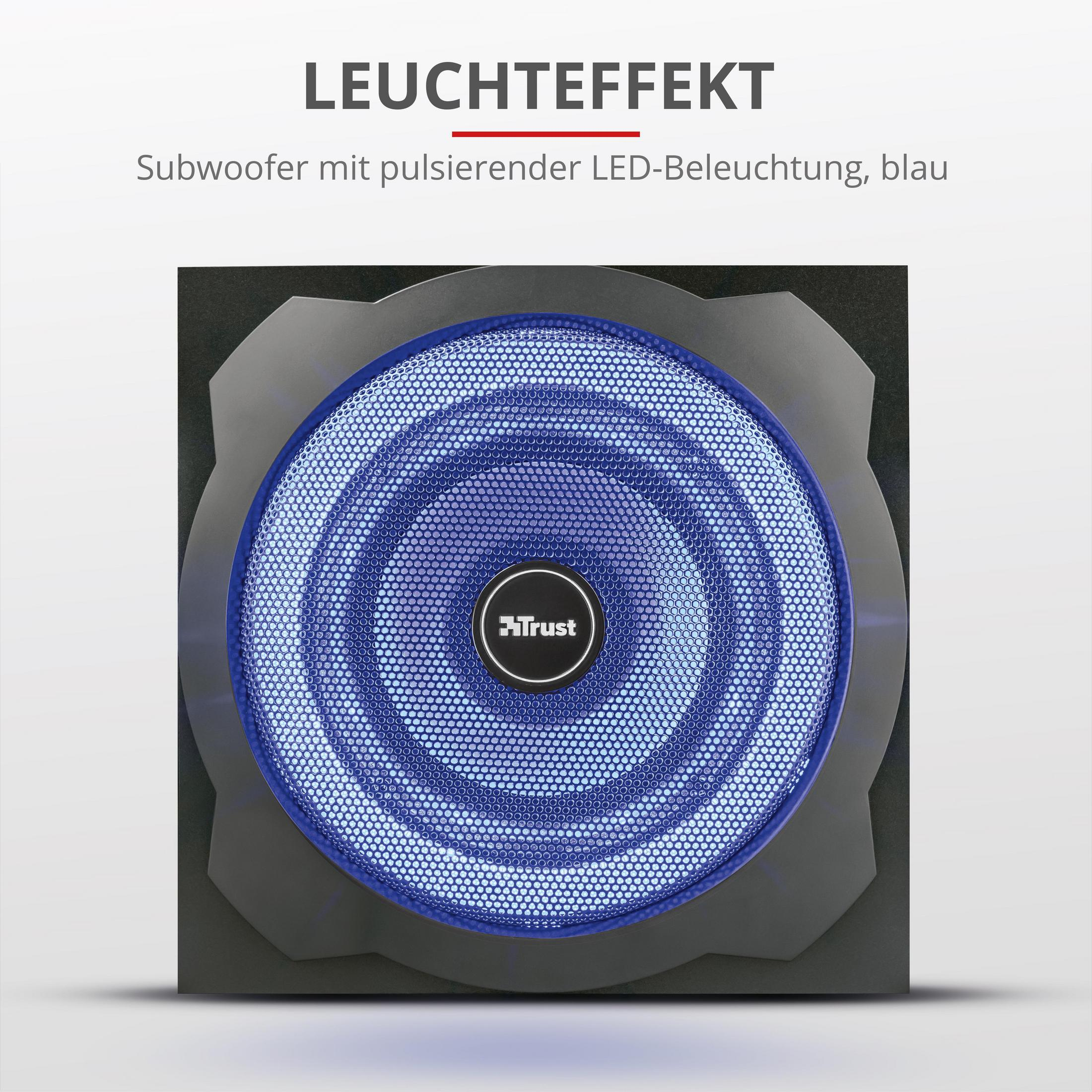 Subwoofer con luce LED blu. Alloggiamento nero. Sfondo bianco, testo in alto.