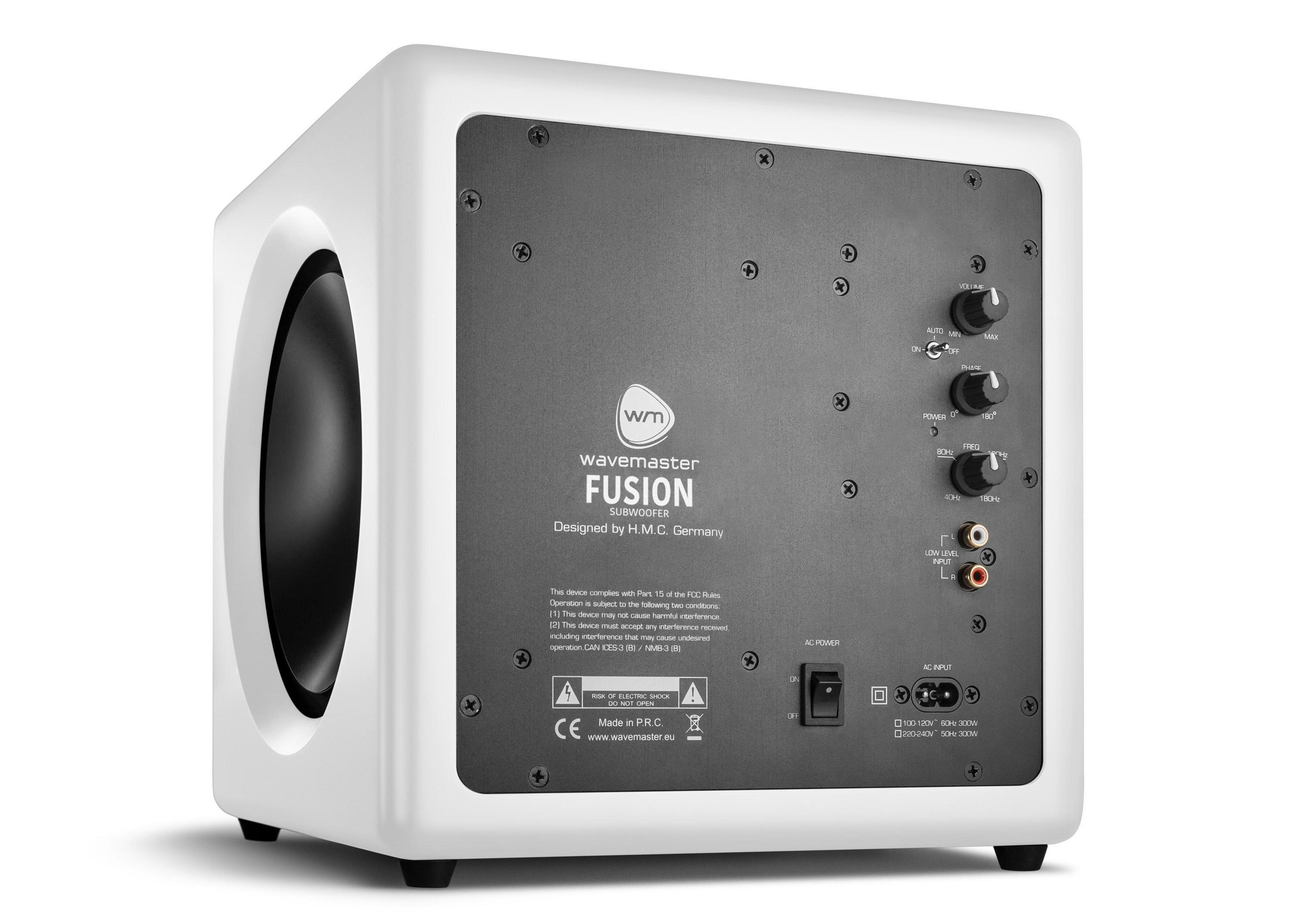 Subwoofer bianco, vista posteriore, con manopole e connettori, sfondo bianco.
