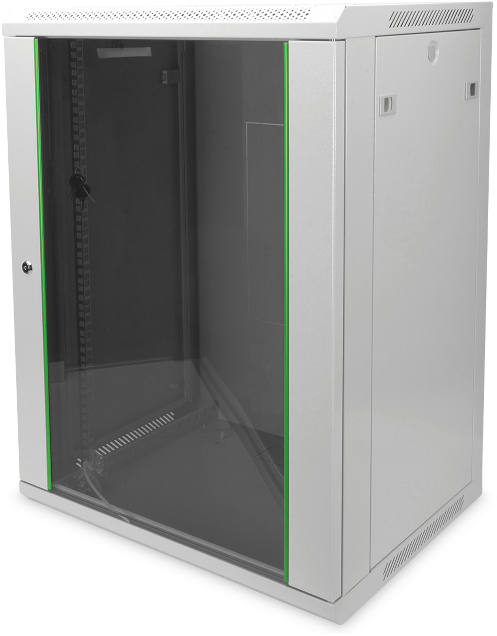 Ein weißer Serverschrank mit Glastür, grüner Umrandung und Schlüssel.