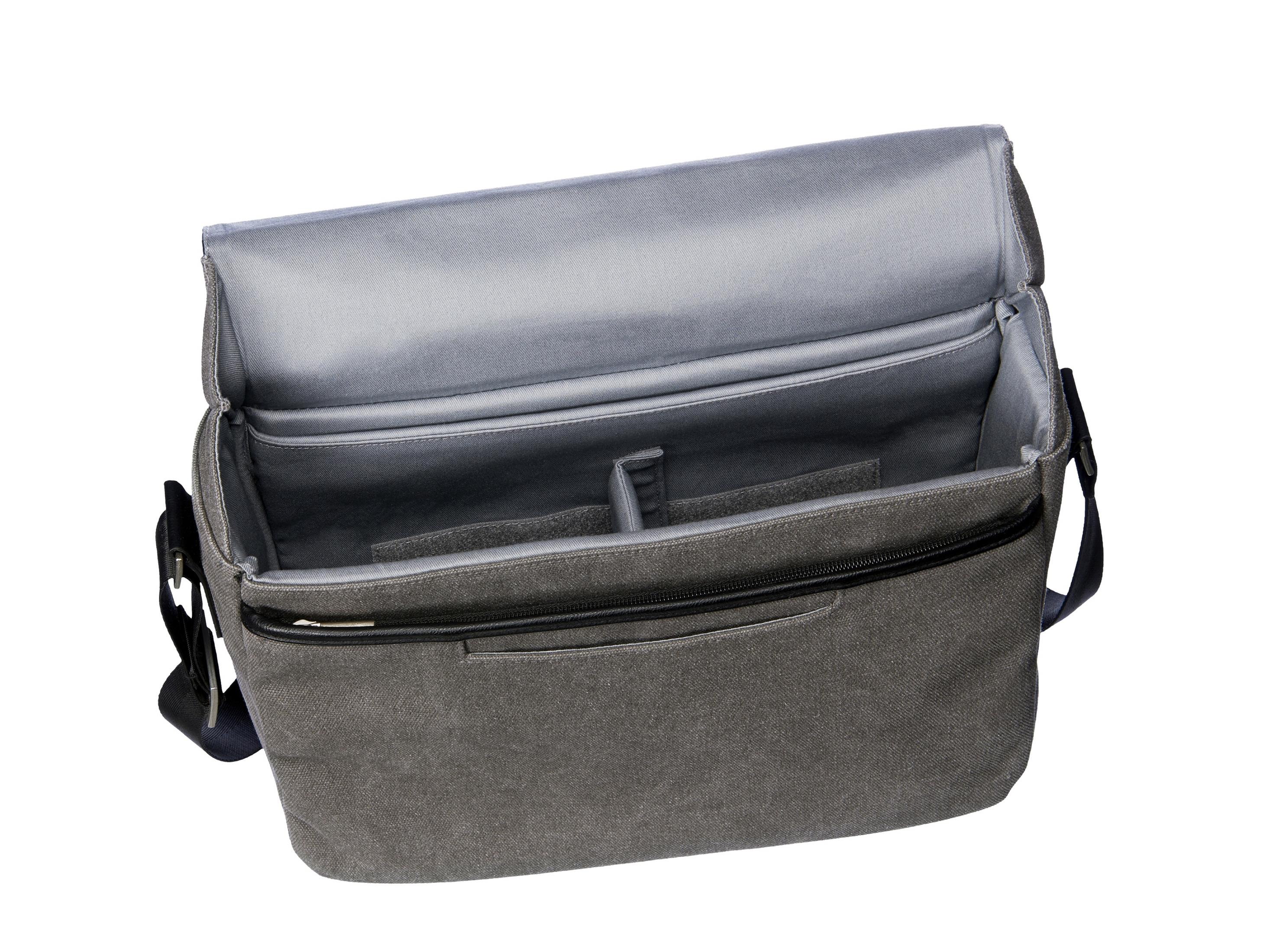Borsa fotografica grigia aperta con divisori. Interno vuoto con cerniera nera.