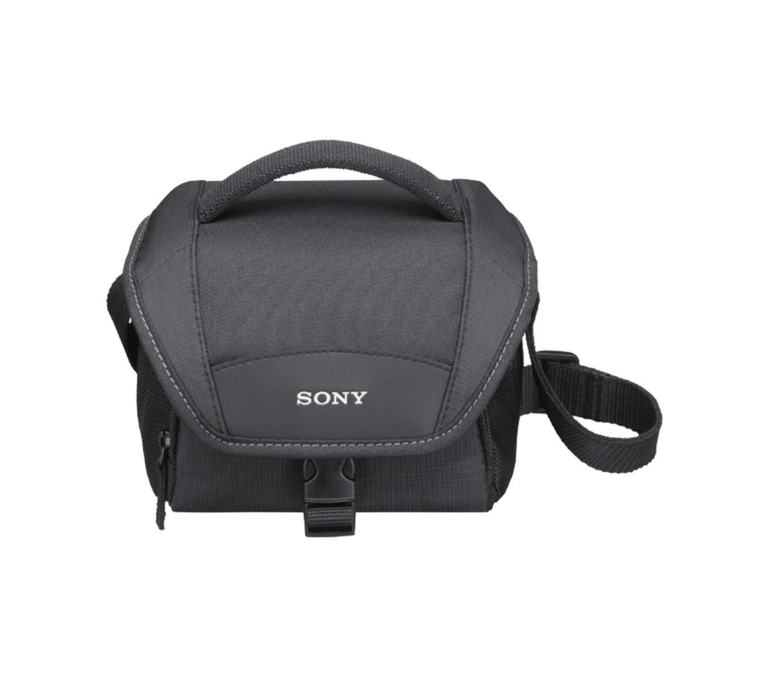 Un sac pour appareil photo noir avec le logo 'SONY' sur le devant, une poignée et une bandoulière.