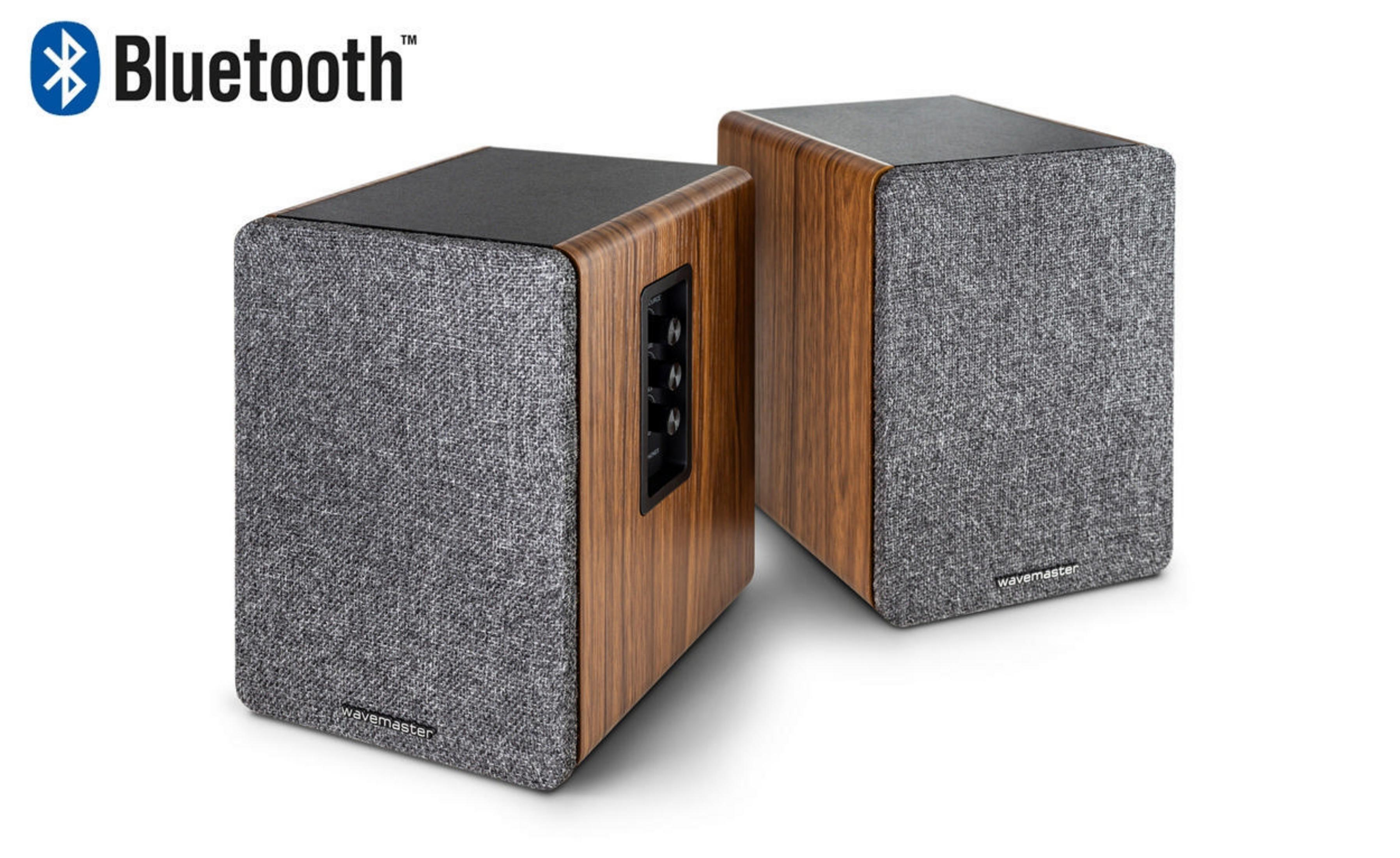 Zwei Lautsprecher mit Holzmaserung und Bluetooth-Logo auf weißem Hintergrund.