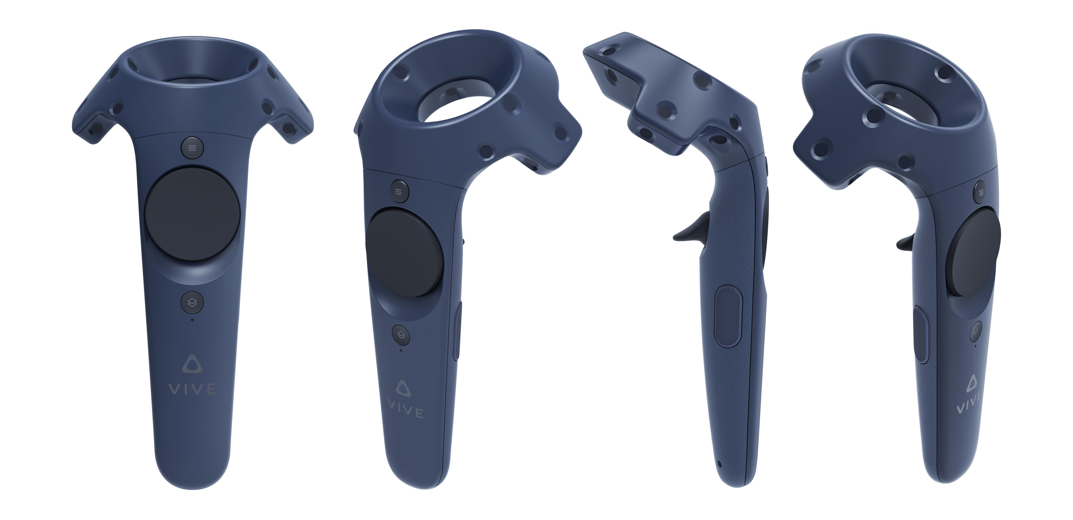 Vier Ansichten eines blauen VR-Controllers. Knöpfe und ein Auslöser sind sichtbar. Es ist für Virtual Reality konzipiert.