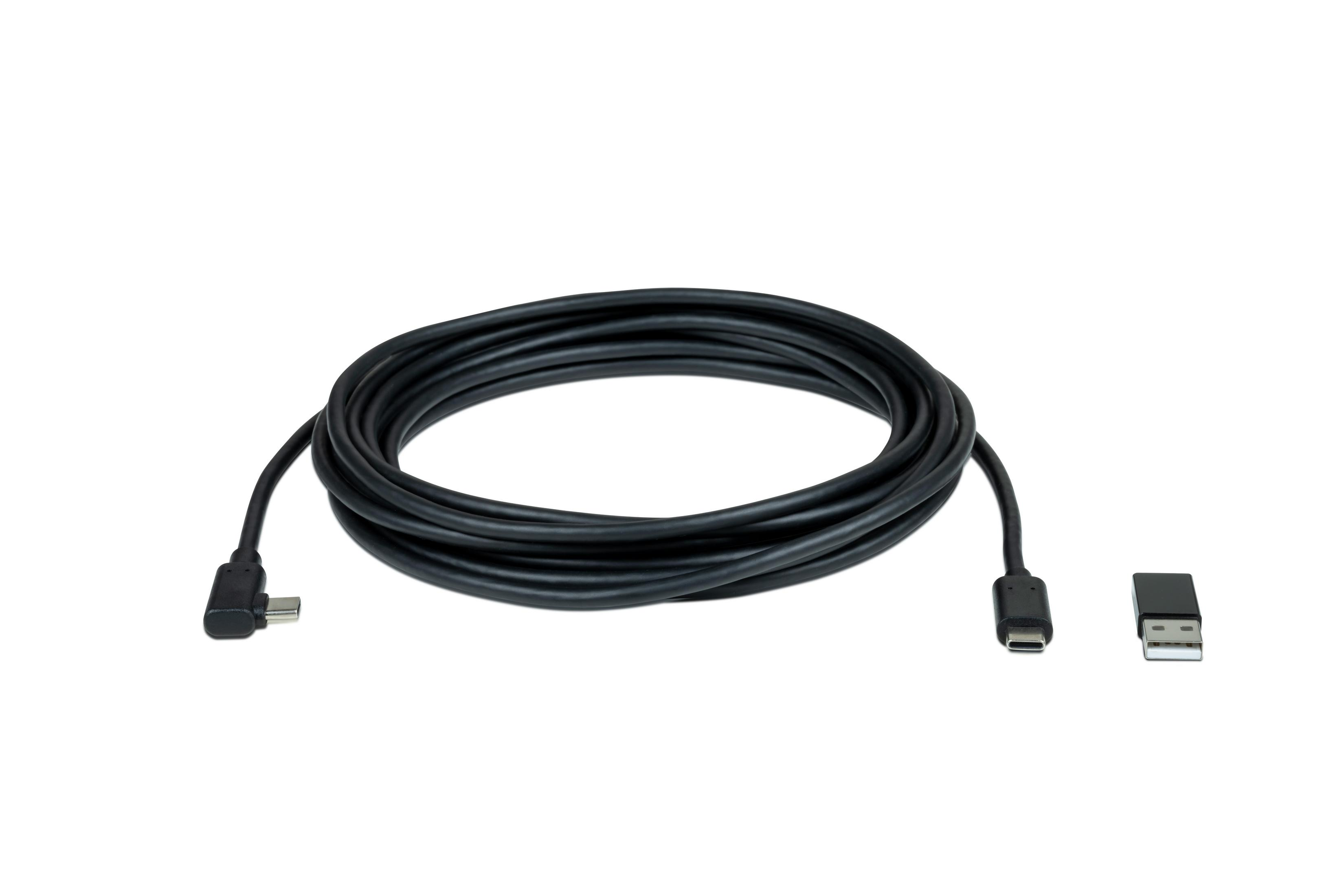 Cable negro largo con varios conectores en cada extremo y un pequeño dongle USB.