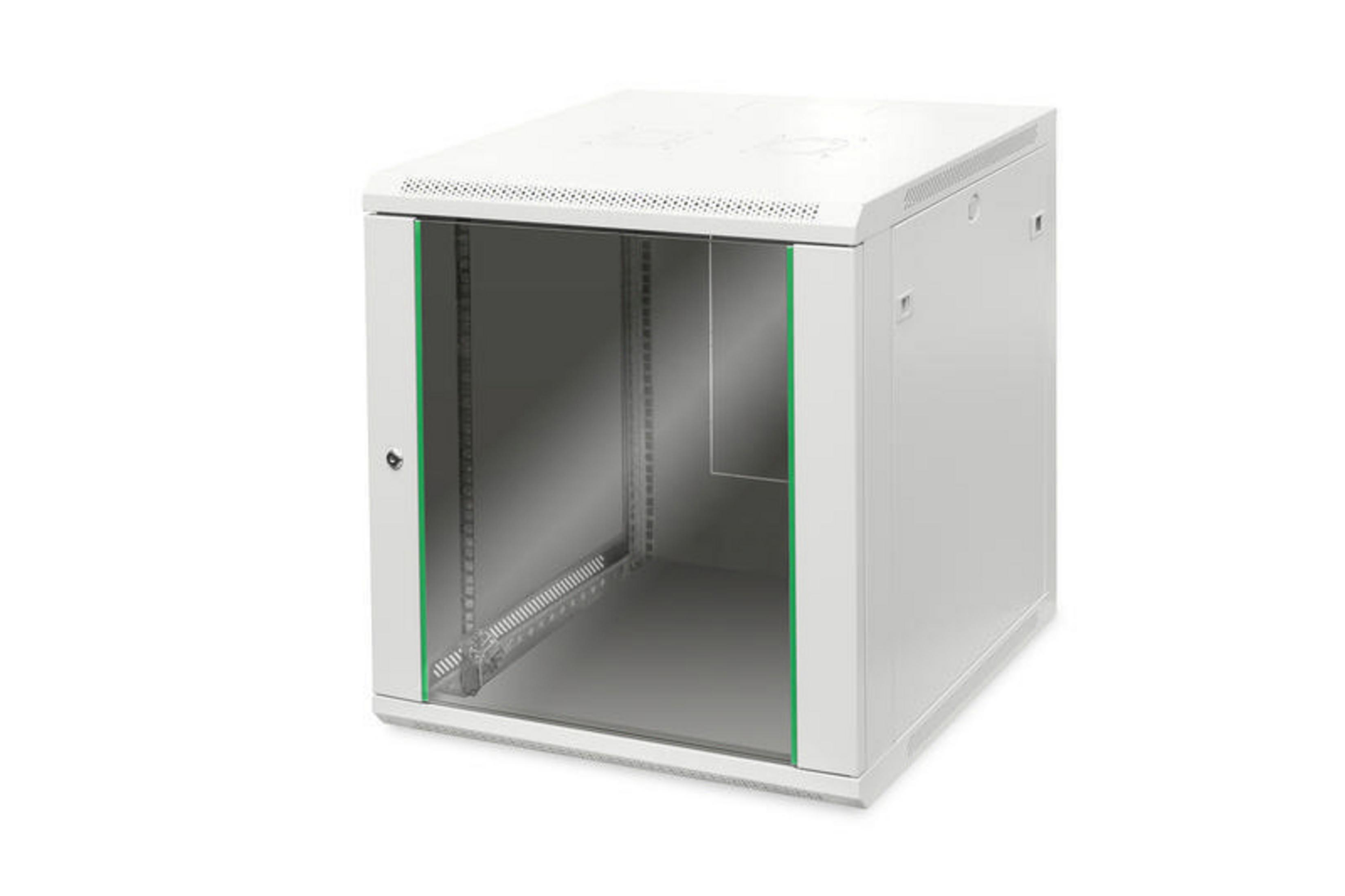 Weißer Server-Rack-Schrank mit Glastür und grüner Zierleiste.