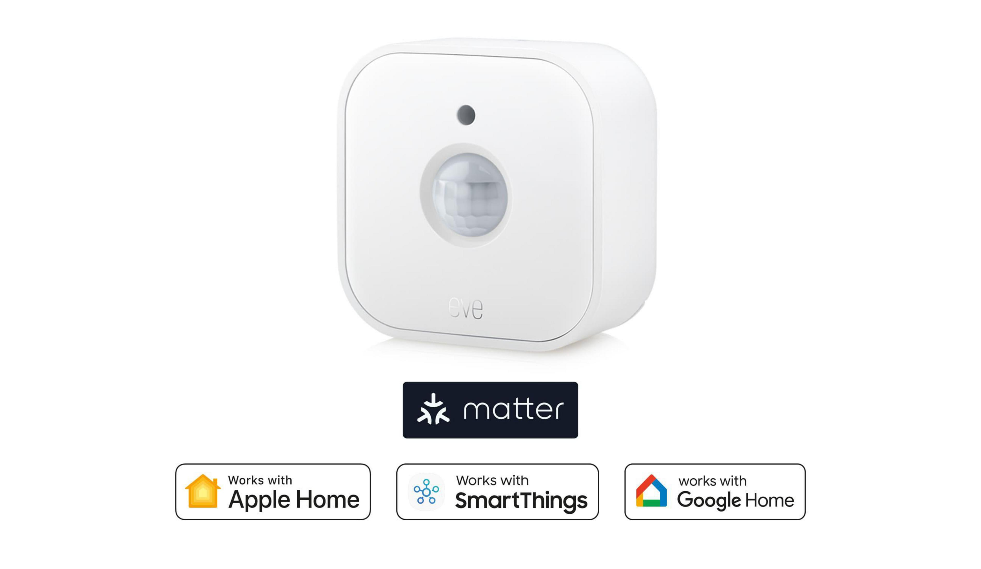 Biały czujnik ruchu Eve. Poniżej ikony dla Apple Home, SmartThings i Google Home.
