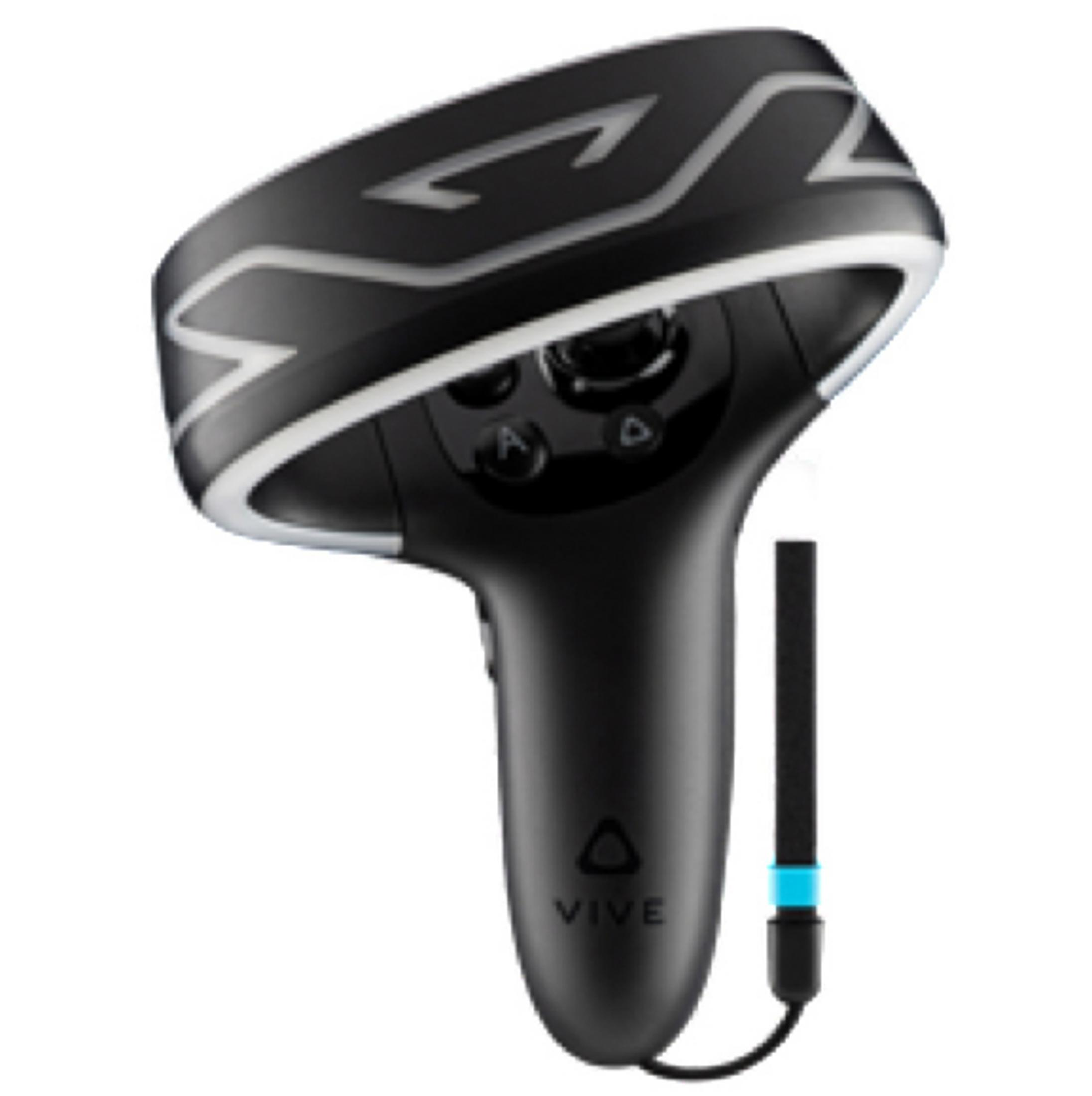 Schwarzer VR-Controller mit weißen Akzenten. Inklusive Riemen und Tasten. Weißer Hintergrund.