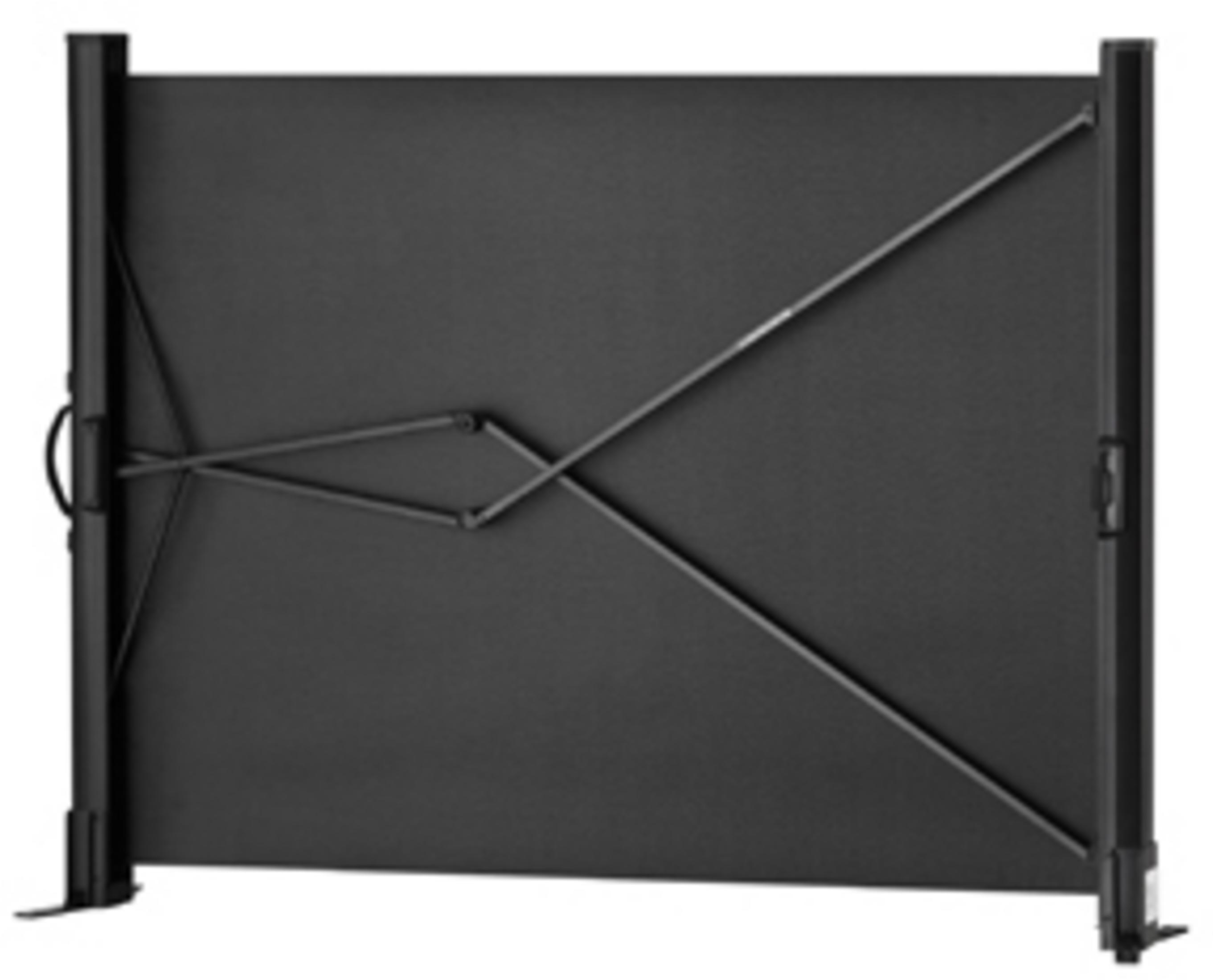 Schwarze, ausziehbare Outdoor-Leinwand. Geschlossen, mit Metallrahmen und Griff. Weißer Hintergrund.