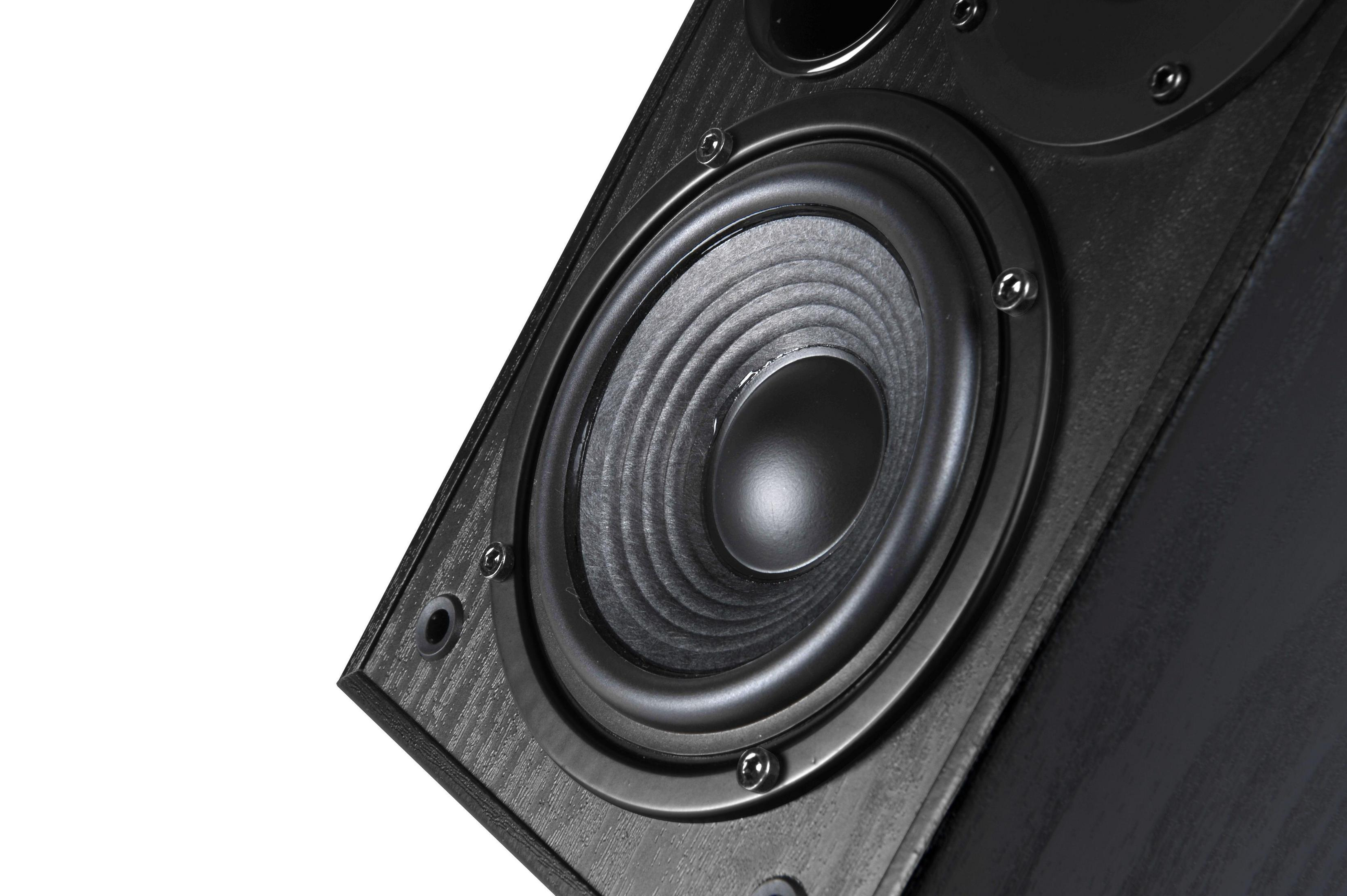 Zbliżenie czarnego głośnika, z czarnym stożkiem i czarną ramą.