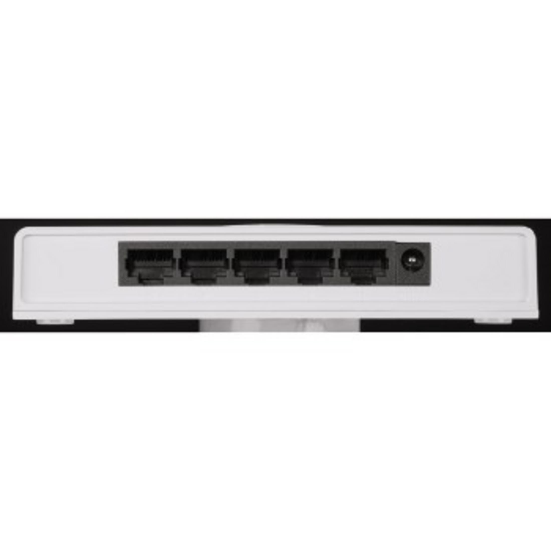 Weißer Netzwerk-Switch mit fünf schwarzen Ethernet-Anschlüssen. Schwarzer Hintergrund.