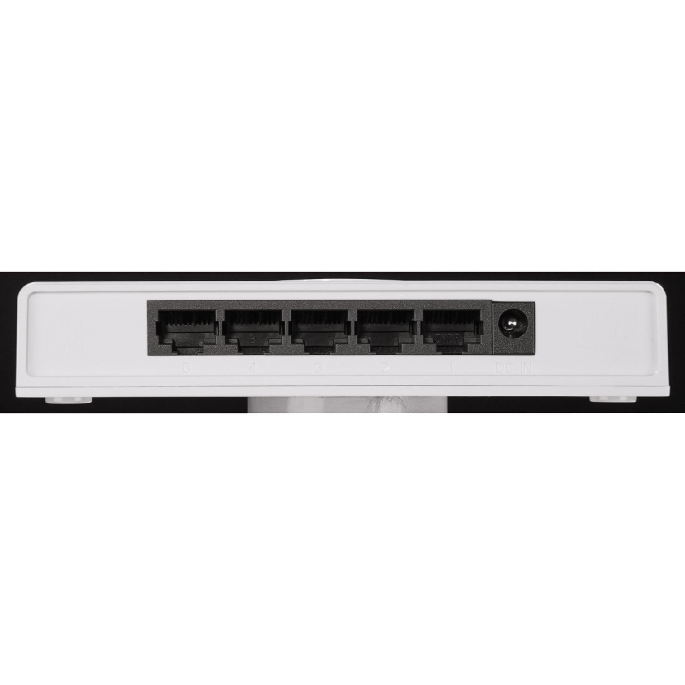 Ein weißer Netzwerk-Switch mit fünf Ports und einem DC IN-Port. Die Ports sind schwarz.