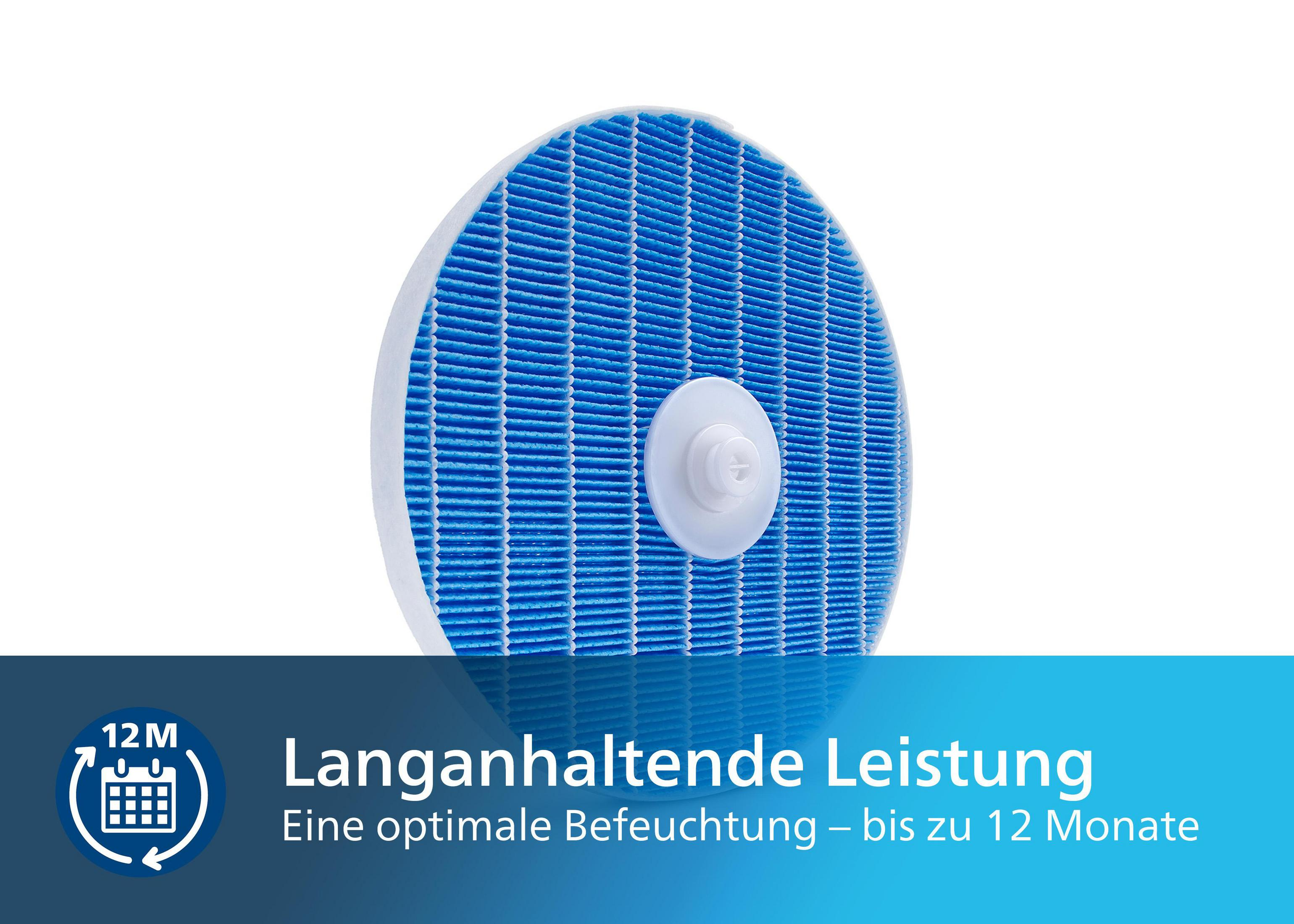 Filtro aria blu rotondo con centro bianco. Testo: Prestazioni durature fino a 12 mesi.