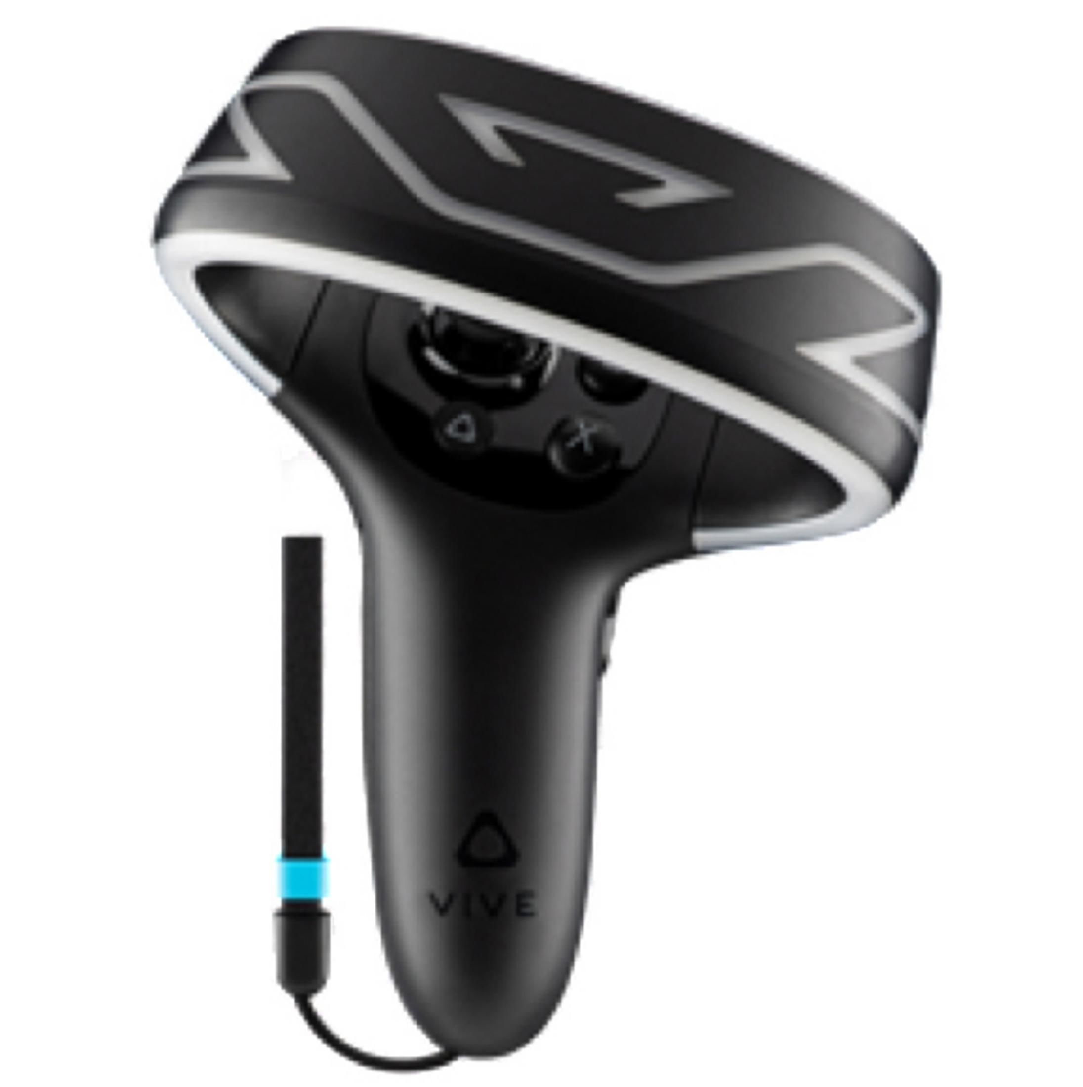 Schwarzer VR-Controller mit weißen Akzenten. Es hat Knöpfe und eine Handschlaufe.