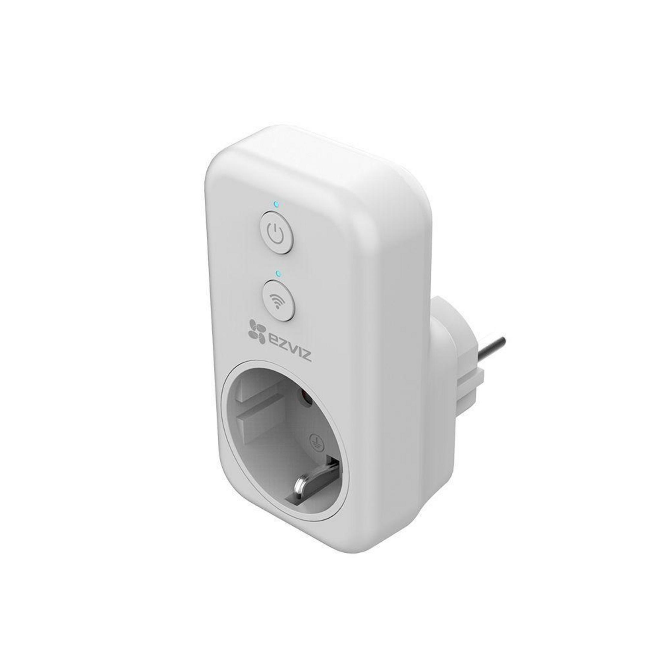 White smart plug with two buttons and a plug. White background.