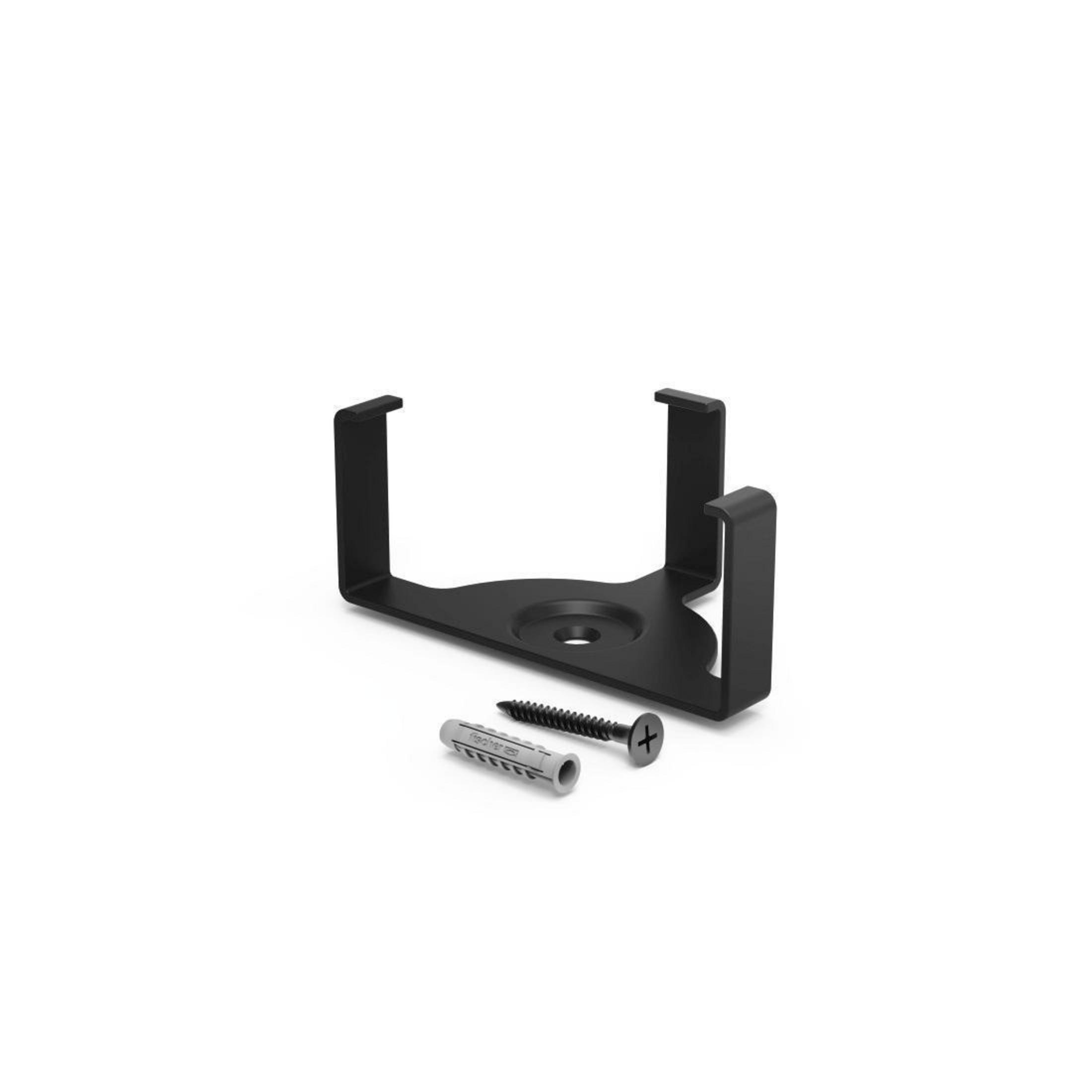 Supporto per soundbar nero con viti e tasselli a muro su sfondo bianco.