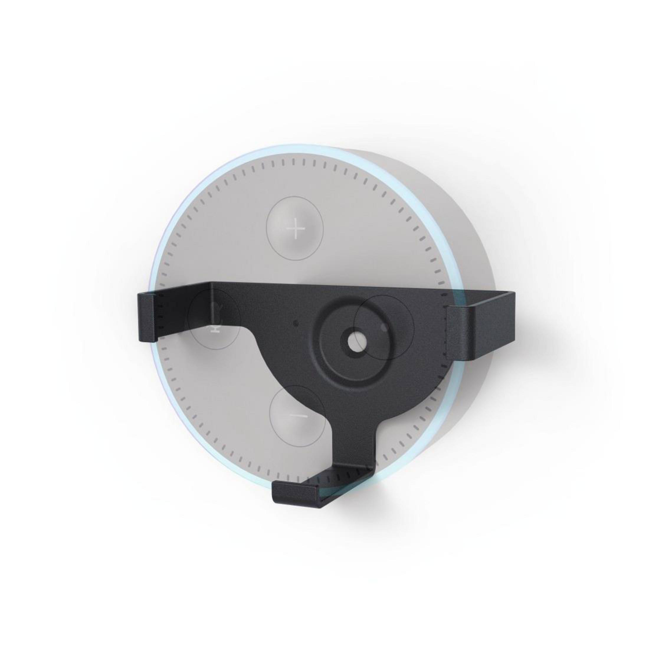 Supporto per dispositivi smart home nero con un Amazon Echo Dot, su sfondo bianco.