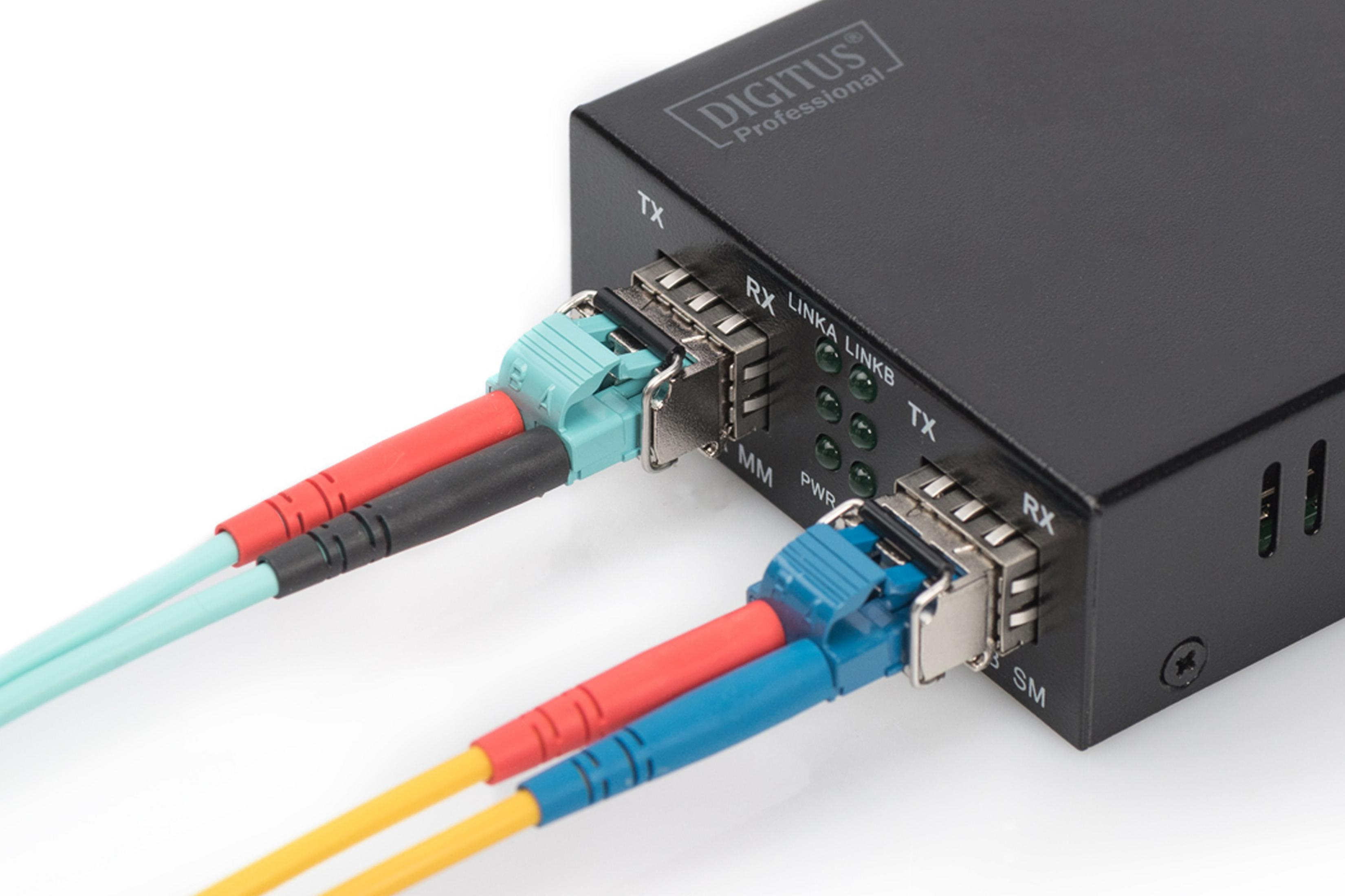 Schwarzes Netzwerkgerät mit Glasfaserkabeln. Kabel sind rot, blau und gelb. Weißer Hintergrund.