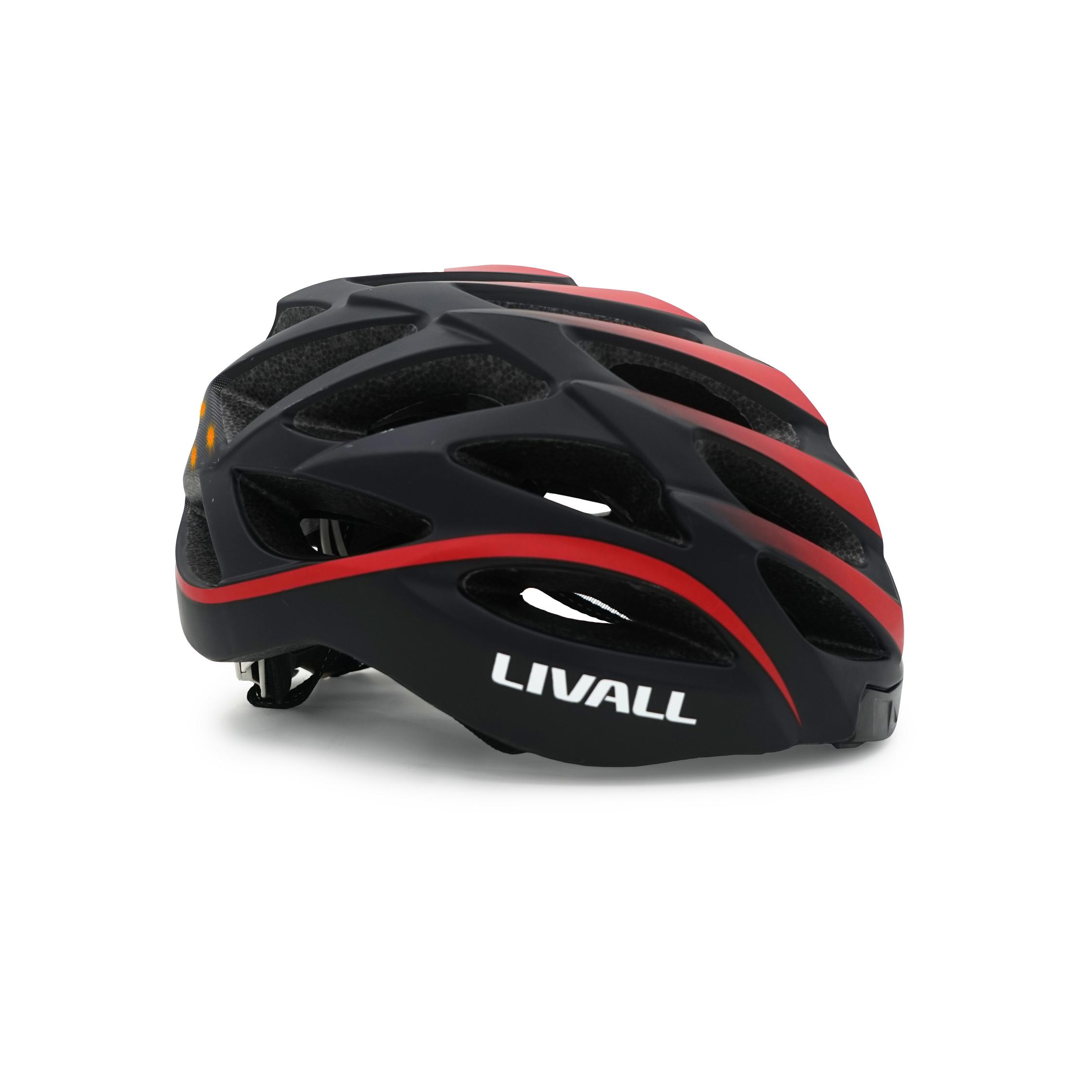 Schwarzer und roter Fahrradhelm mit dem Markennamen "LIVALL" auf weißem Hintergrund.