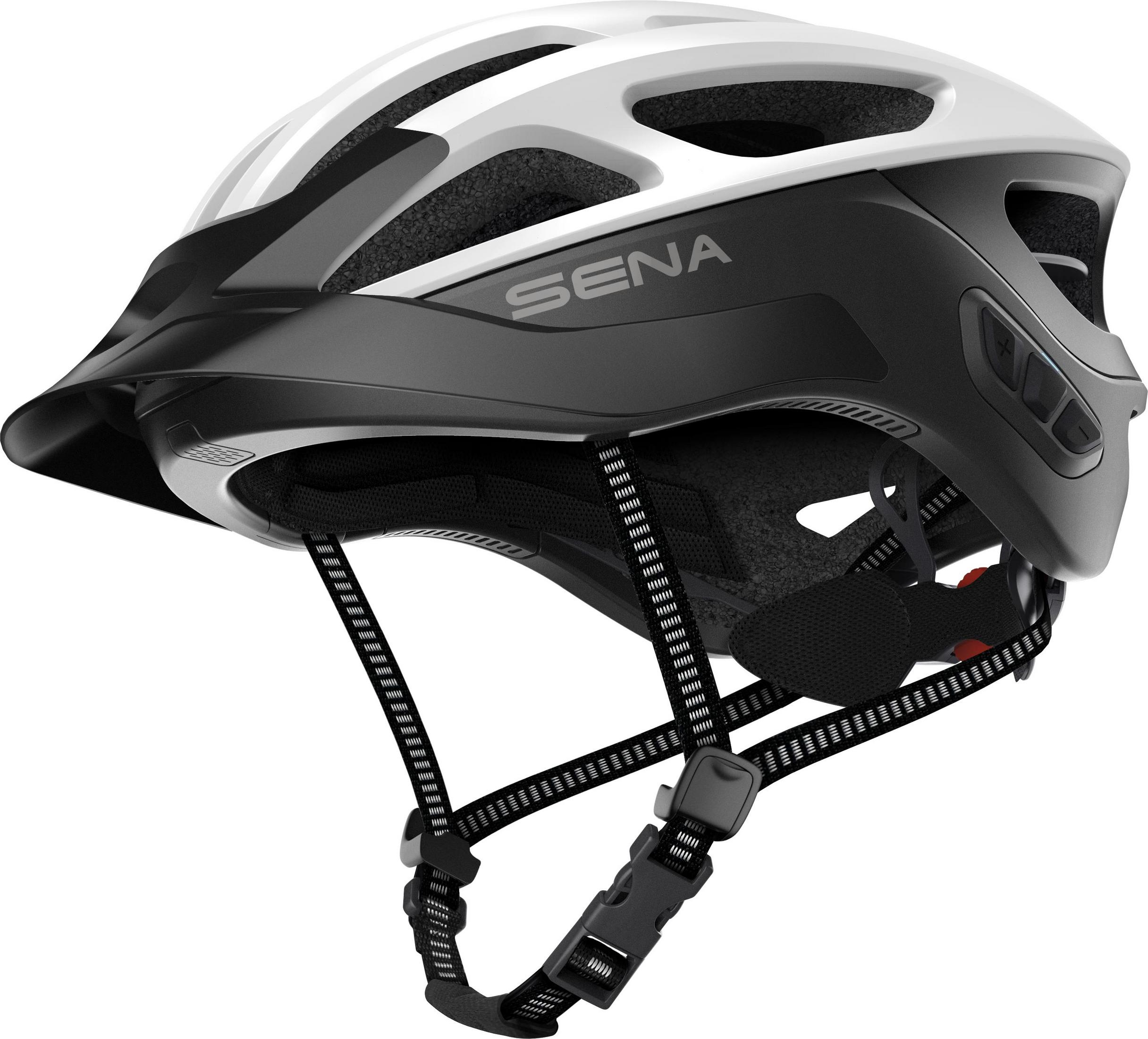 Casco de bicicleta Sena blanco y negro, con correas negras, fondo blanco.