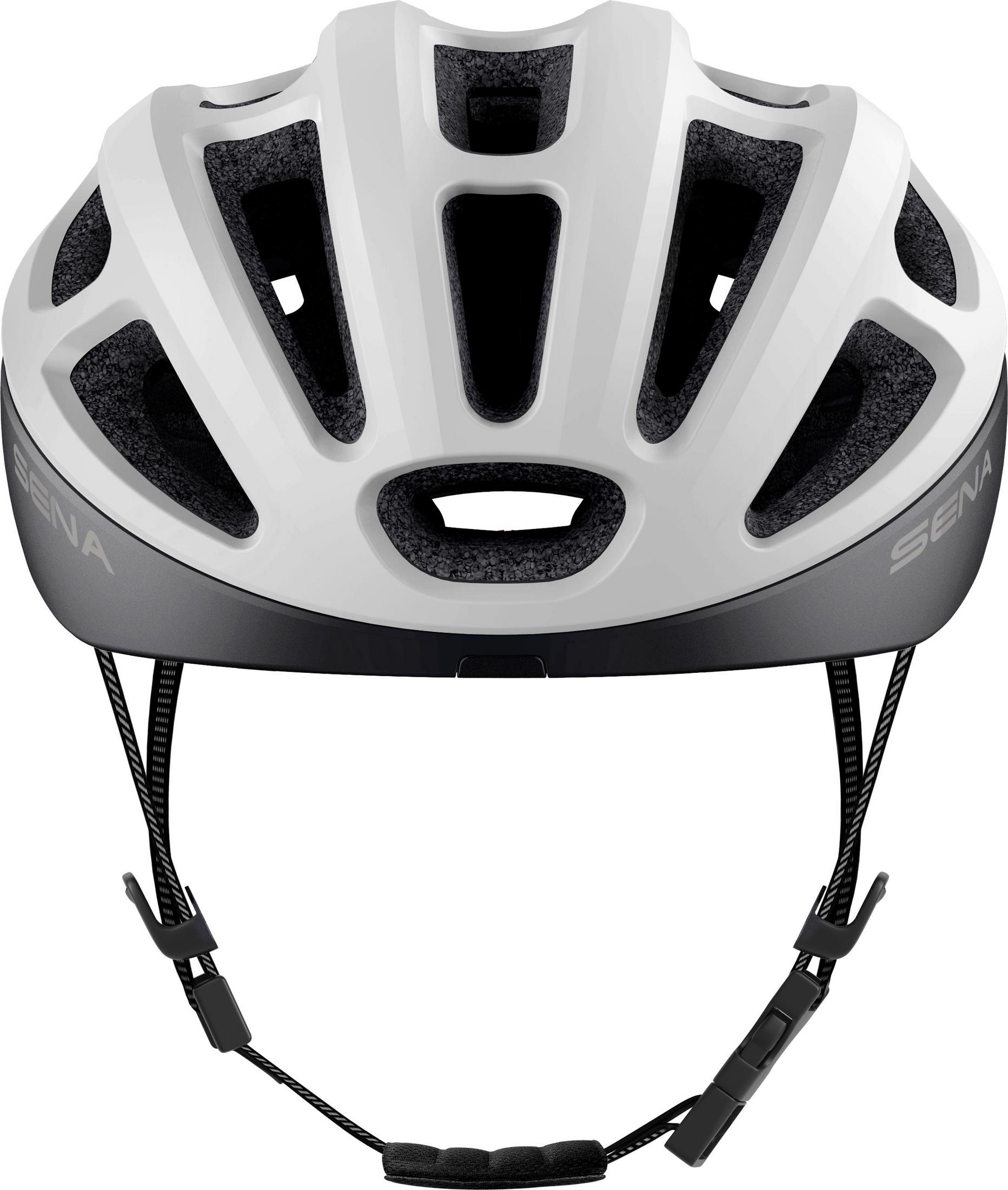 Un casco de bicicleta blanco y gris con 'SENA' en el lateral y una correa negra con cierres.
