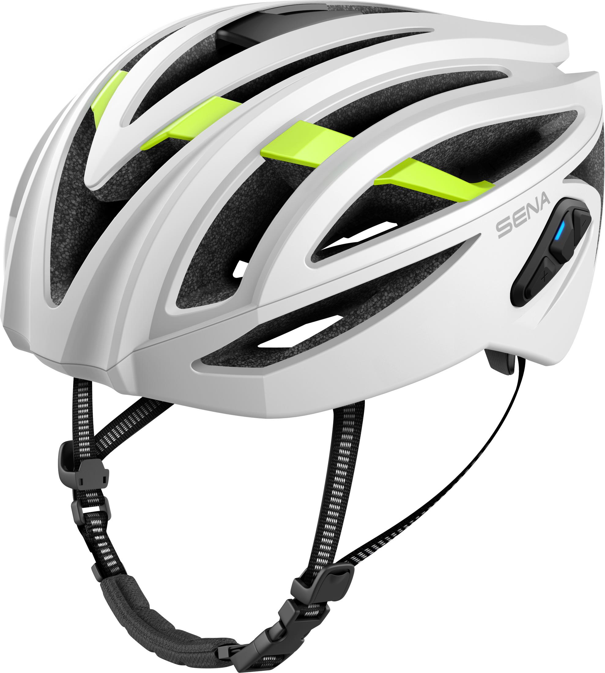 Weißer Fahrradhelm mit gelben Akzenten, schwarzen Riemen und Sena-Label. Belüftungsschlitze.
