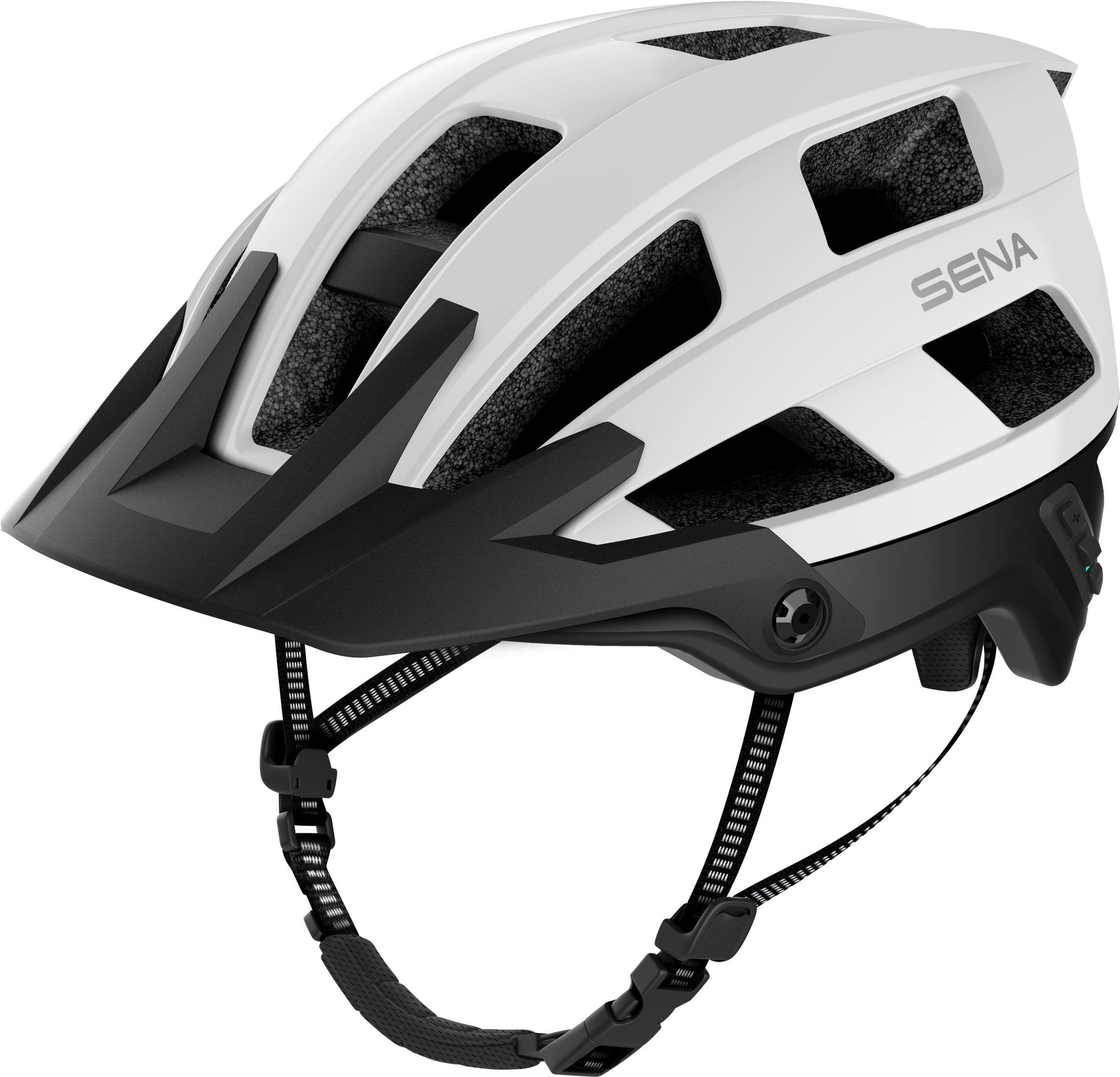 Weiß-schwarzer Fahrradhelm mit Sena-Logo. Hat Belüftungsöffnungen, Visier und verstellbare Riemen.