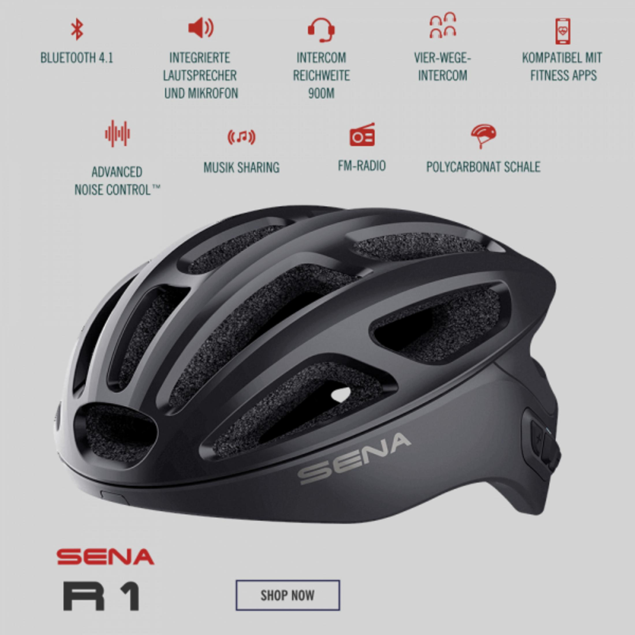 Schwarzer Helm mit Sena-Logo. Icons zeigen Funktionen wie Bluetooth, Intercom, FM.