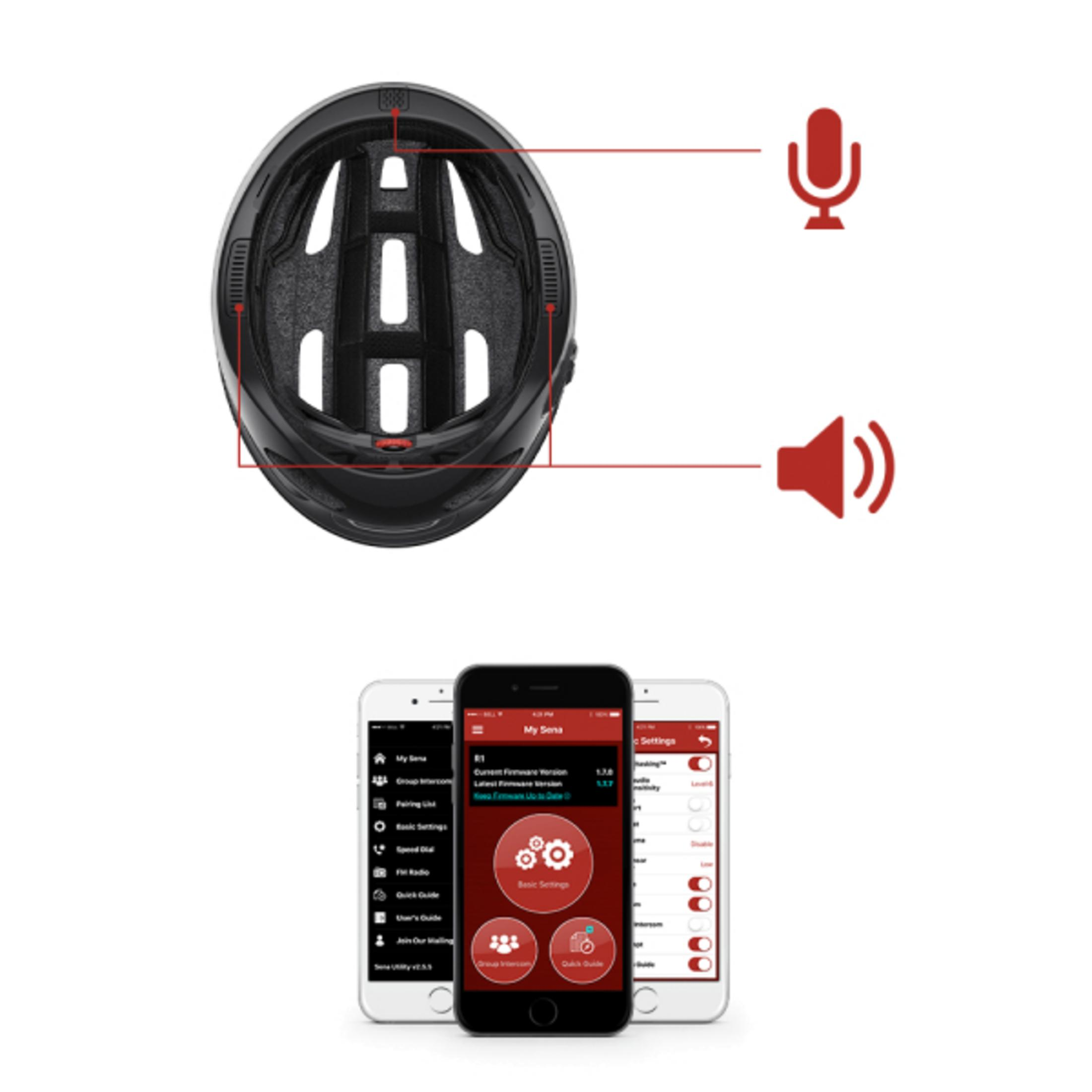 Schwarzer Fahrradhelm mit Smartphone-Displays, die App-Oberflächen und Mikrofon-/Lautsprecher-Symbole zeigen.