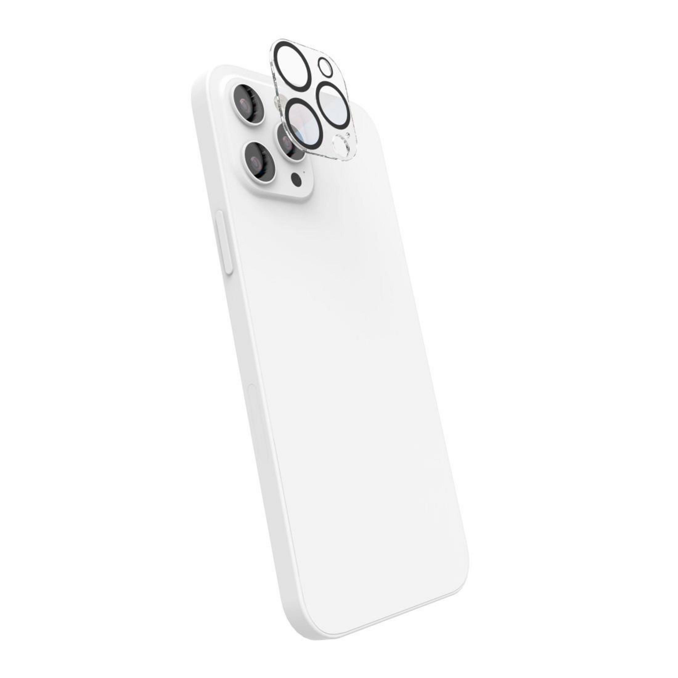 Telefono bianco con protezione per lenti della fotocamera. Diverse lenti della fotocamera sono visibili.