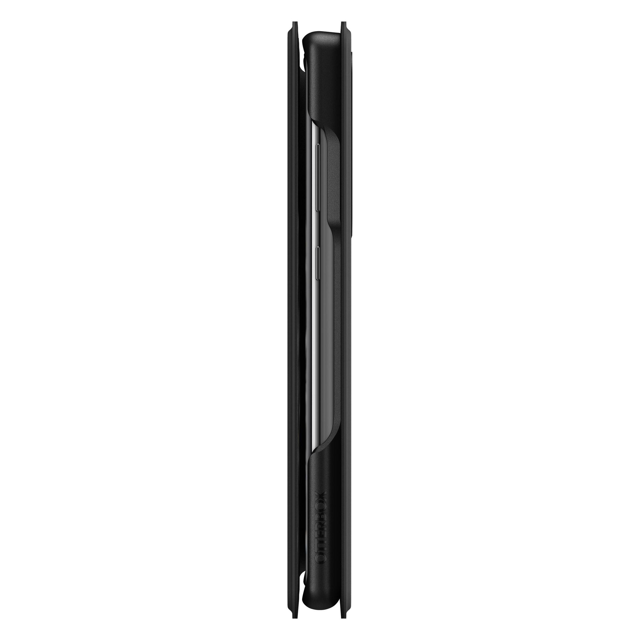 Eine schwarze Handyhülle, geöffnet. Die Handyhülle liegt auf der Seite. Hintergrund ist weiß.
