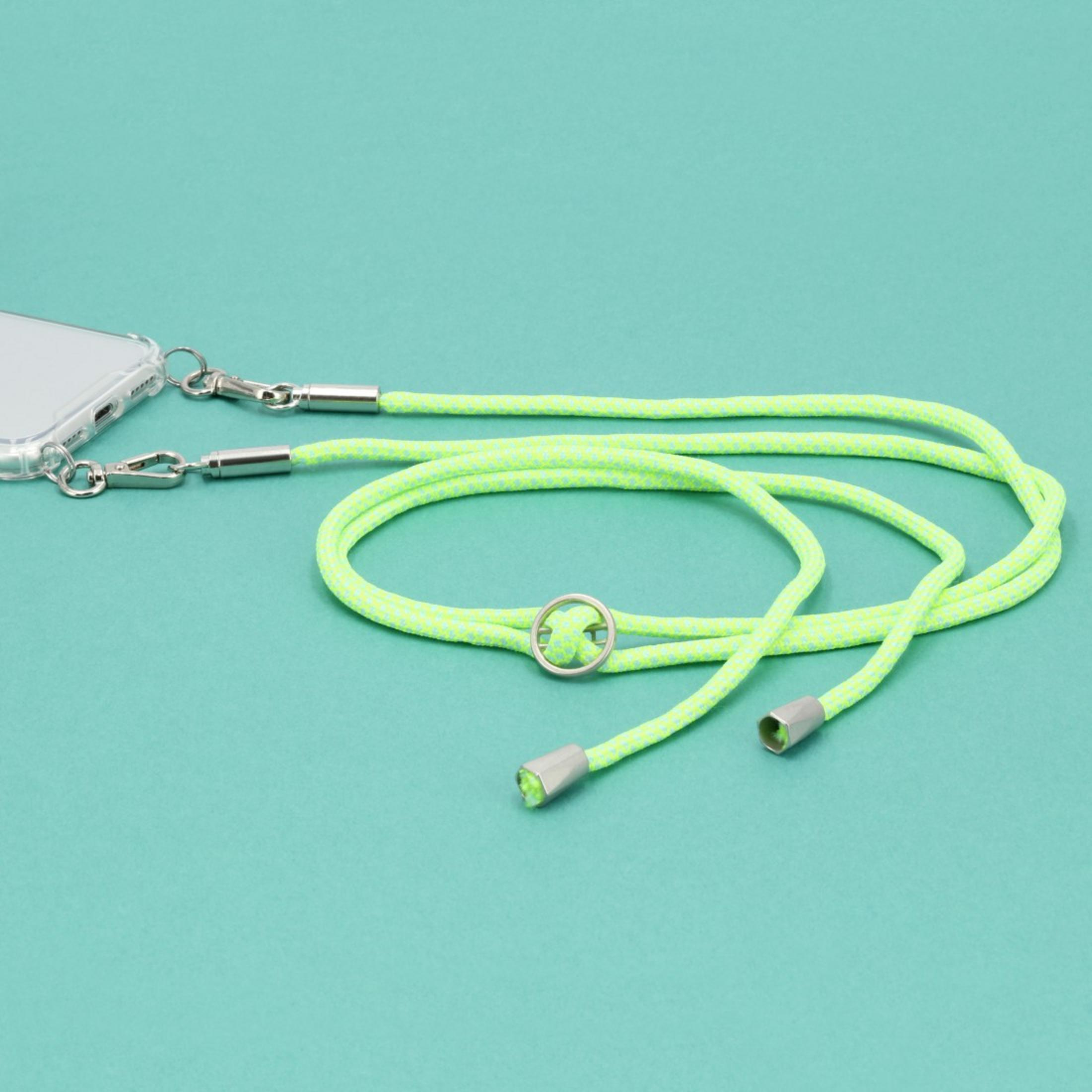 Handy-Lanyard, neongrün und silber. Grüner Hintergrund.