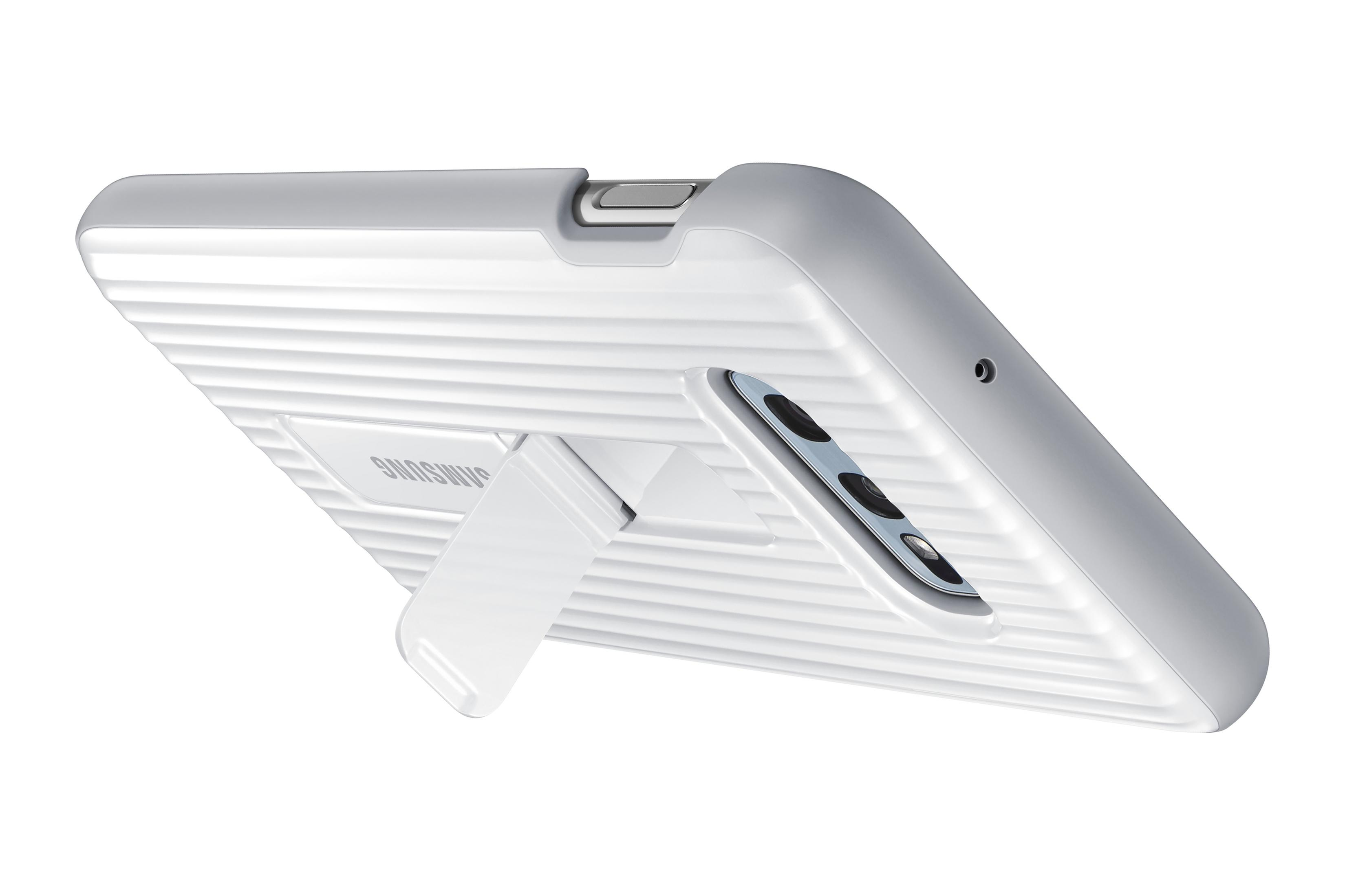 Weiße Handyhülle mit Ständer, schräge Ansicht. Samsung-Logo sichtbar, auf weißem Hintergrund.