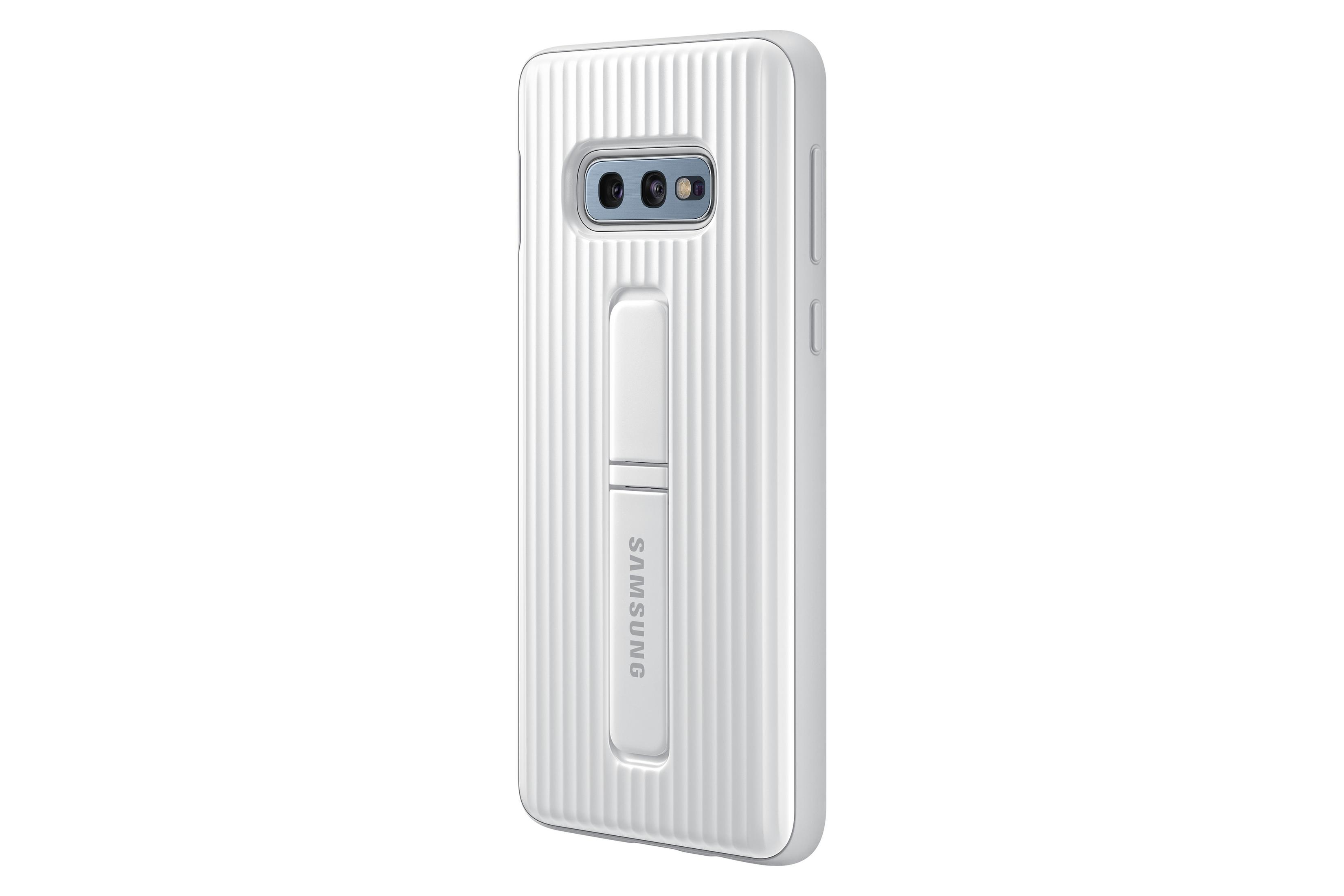 Weiße Samsung-Handyhülle mit Ständer. Vertikale Linien auf der Rückseite.