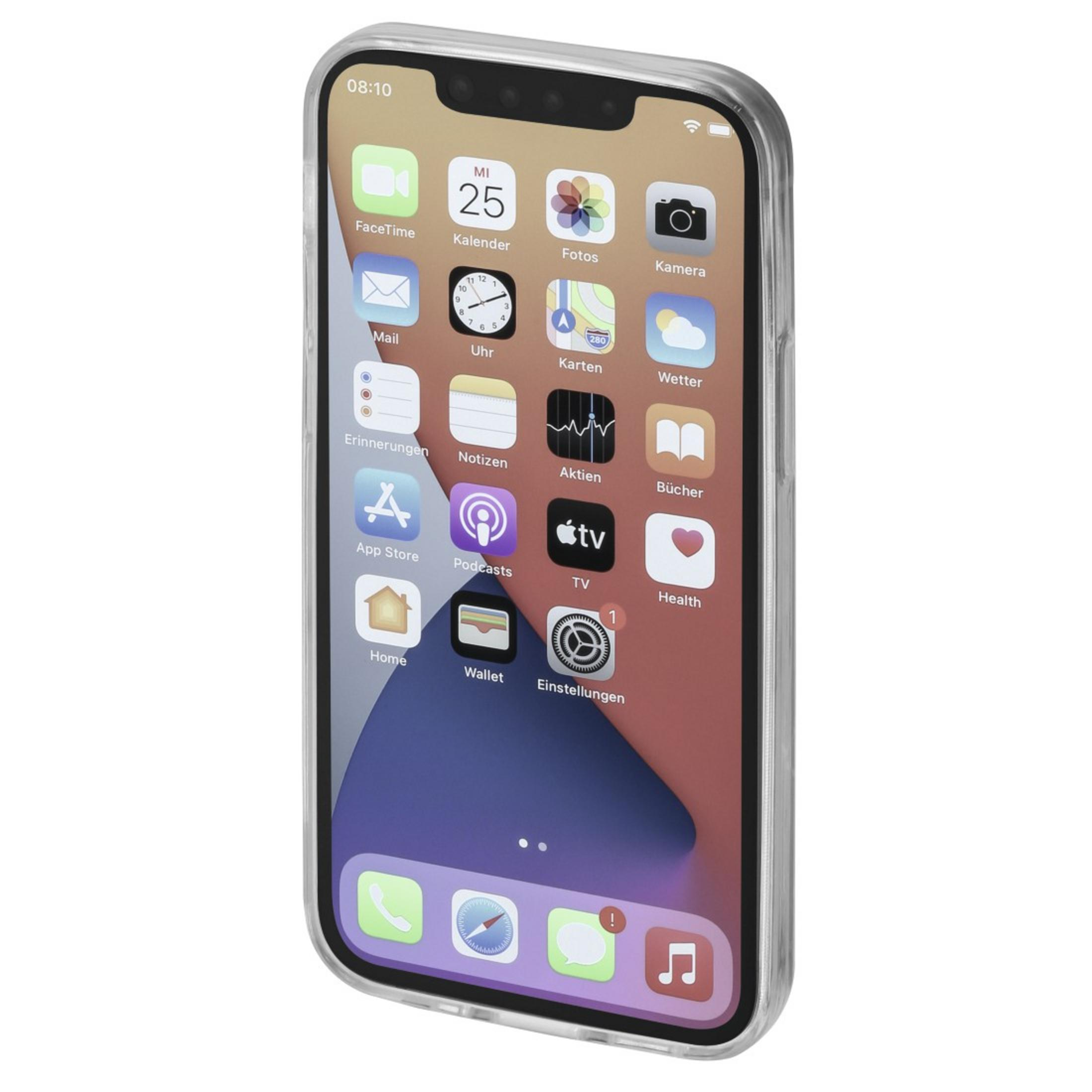 Ein iPhone mit einer transparenten Hülle, das die App-Symbole anzeigt. Die Uhrzeit ist 08:10. Der Hintergrund ist eine weiße Oberfläche.