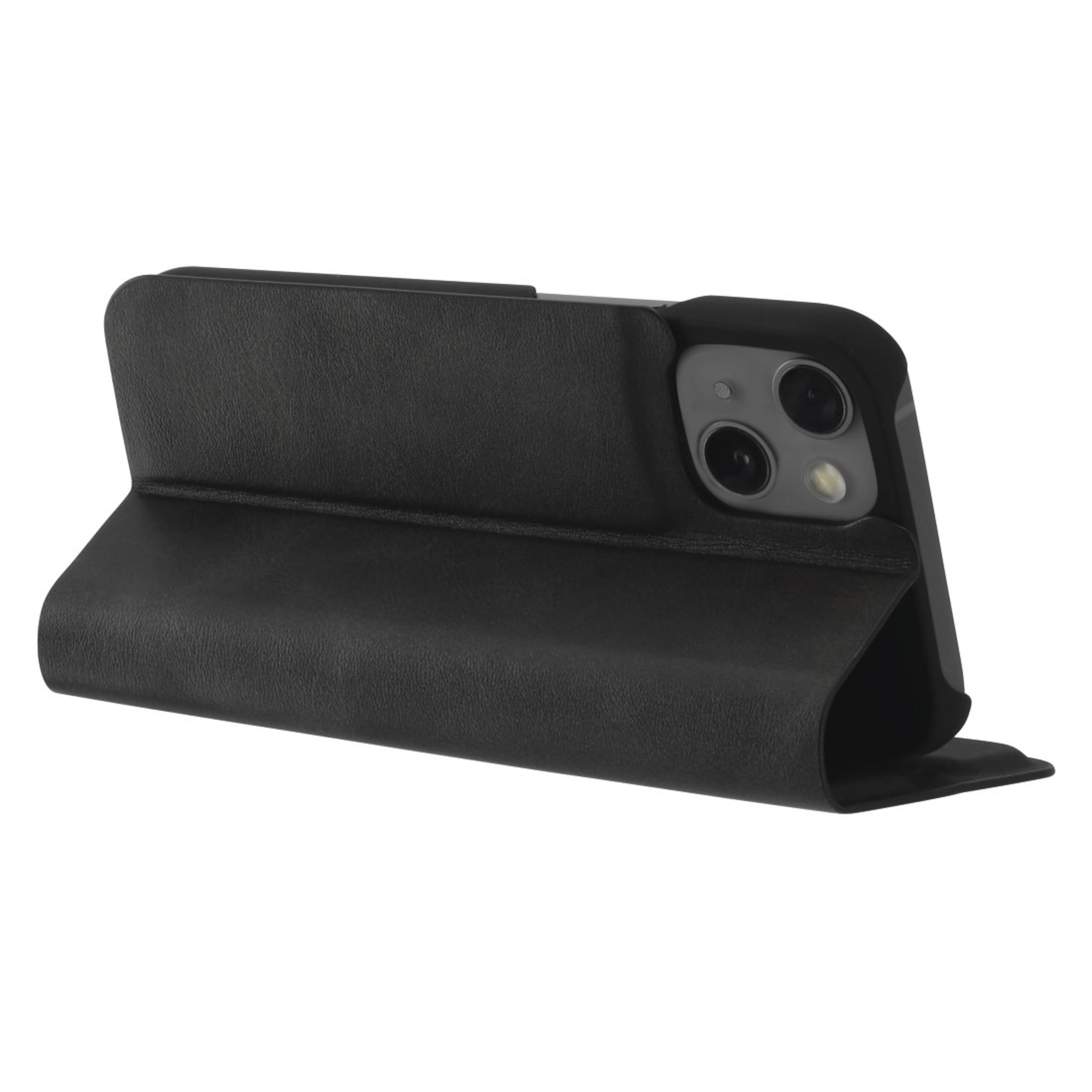 Schwarze Handyhülle mit Telefon, geöffnet, vor weißem Hintergrund.