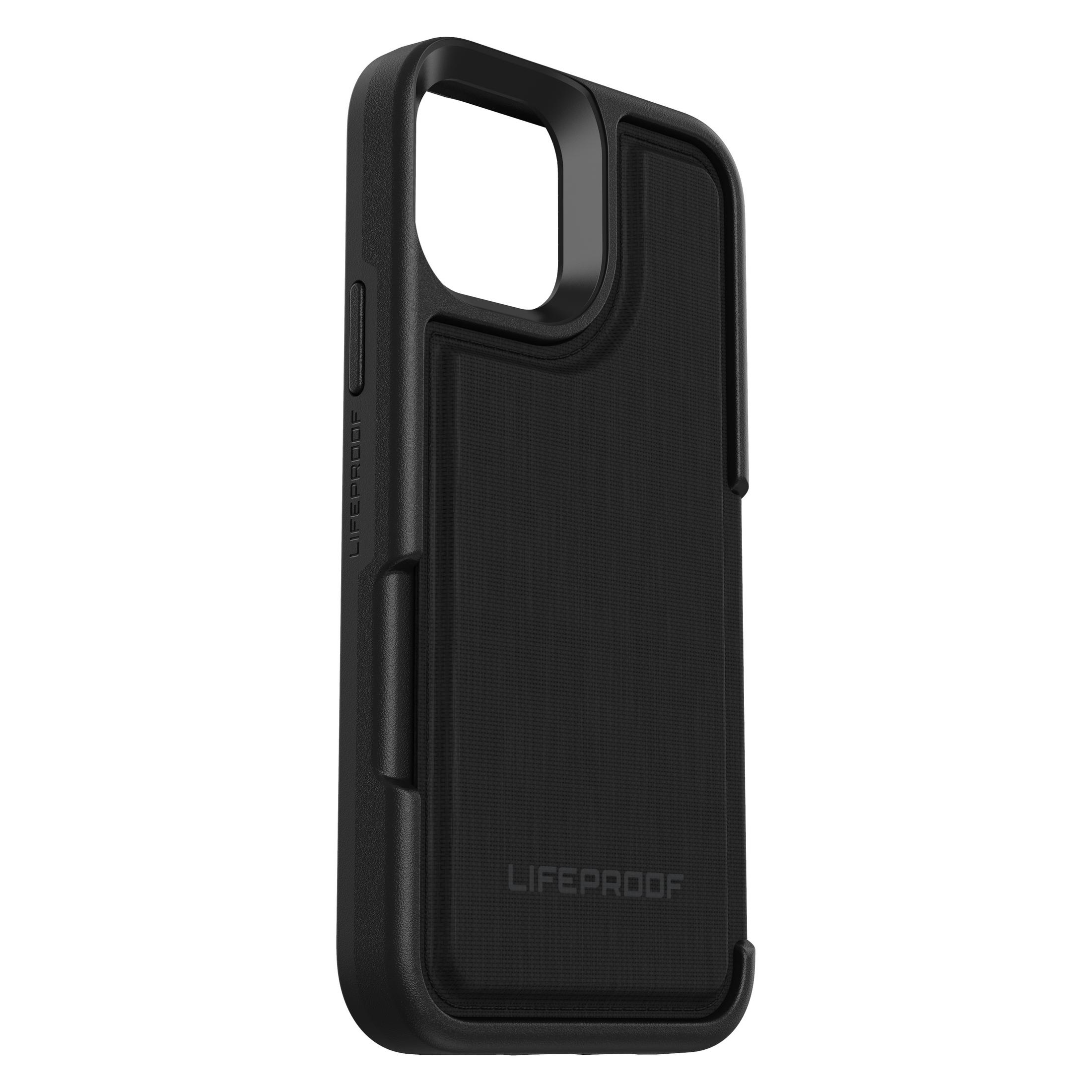 Schwarze Handyhülle, Marke Lifeproof, mit schwarzem Telefon, weißer Hintergrund.