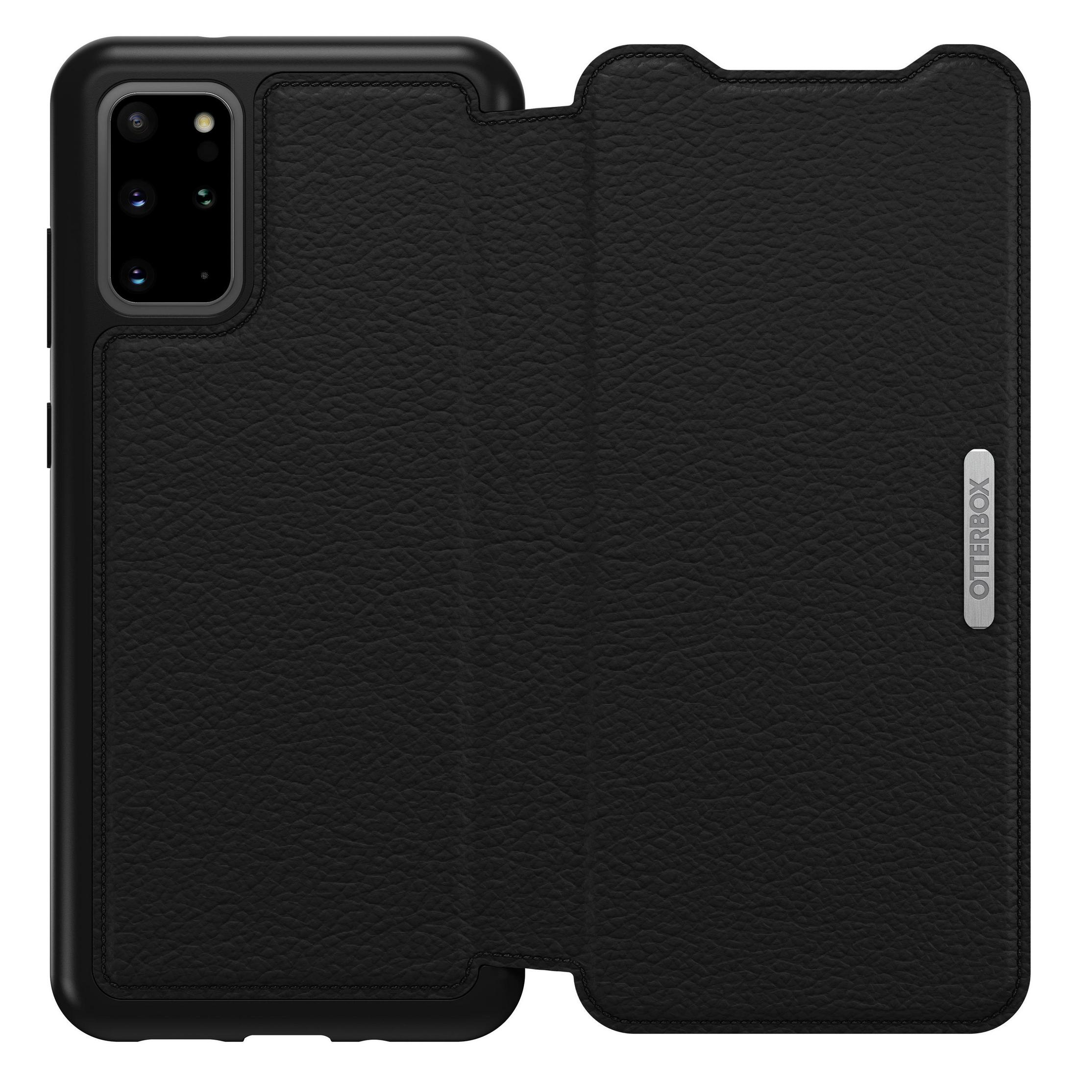 Eine schwarze Handyhülle mit Lederstruktur. Die Hülle ist geöffnet und zeigt das Telefon und das Otterbox-Logo.