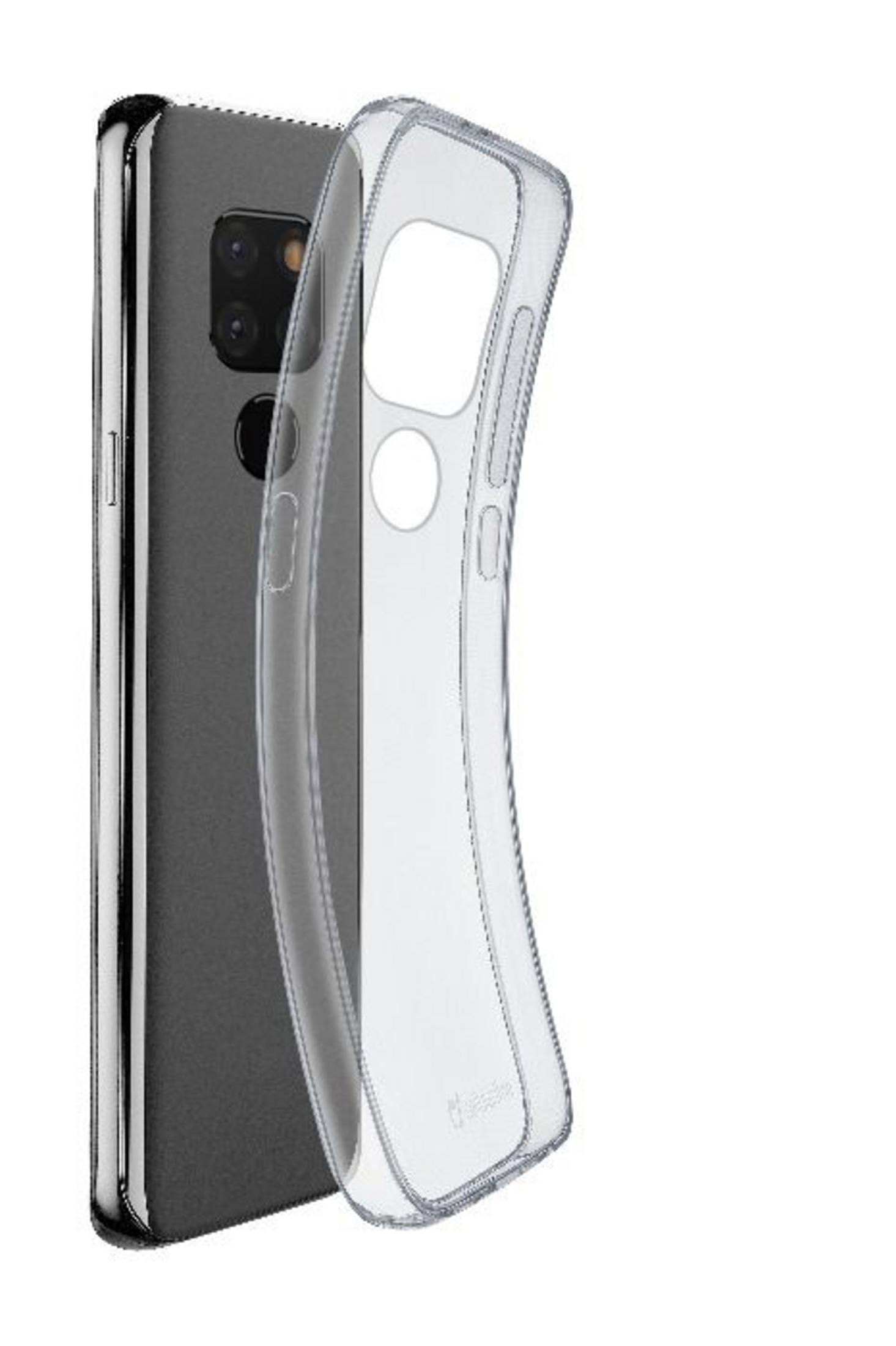Custodia trasparente per telefono accanto a un telefono grigio, che mostra la fotocamera e il retro.