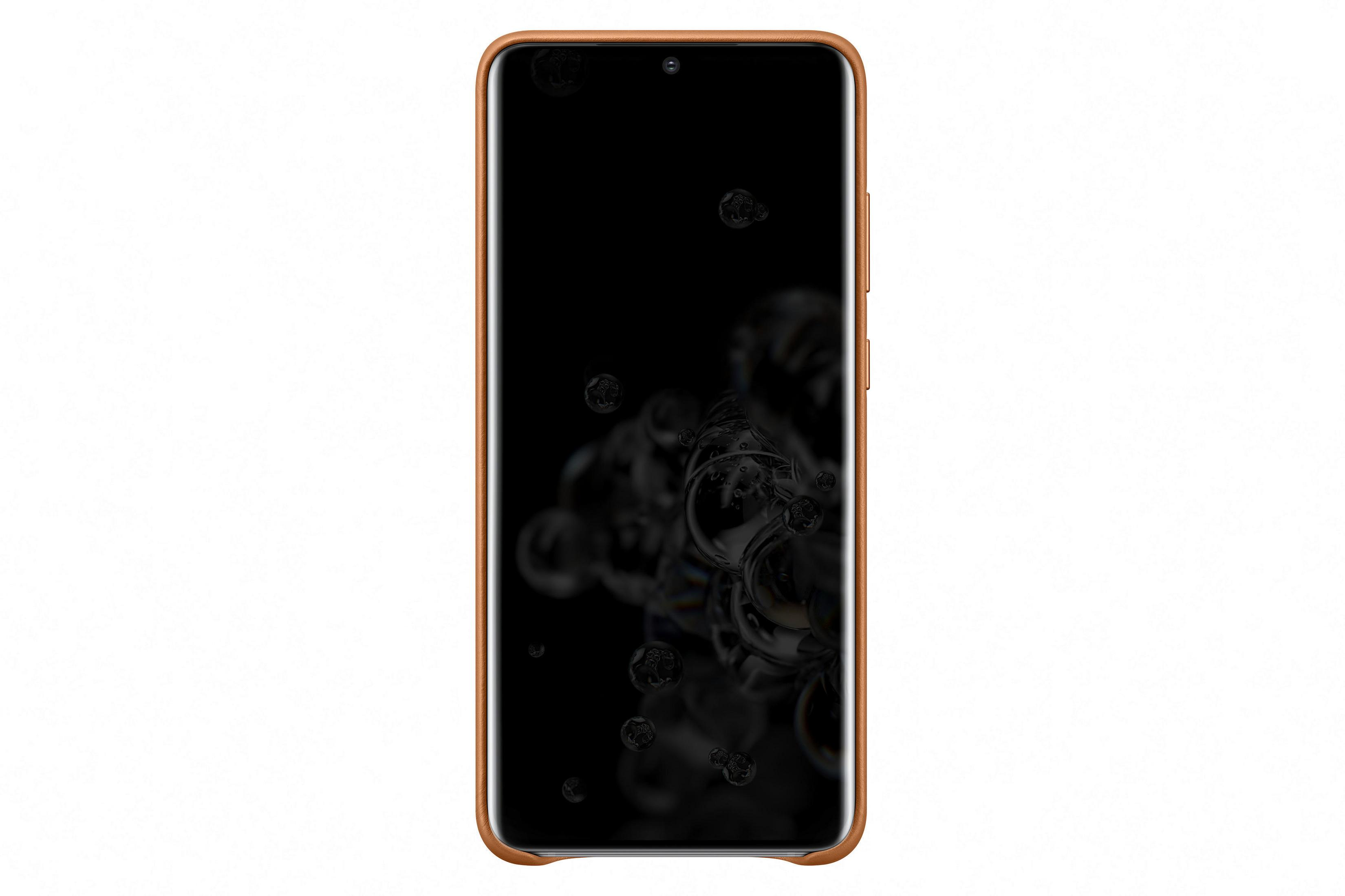 Smartphone in custodia in pelle marrone, che mostra schermo nero con globi sfocati su bianco.