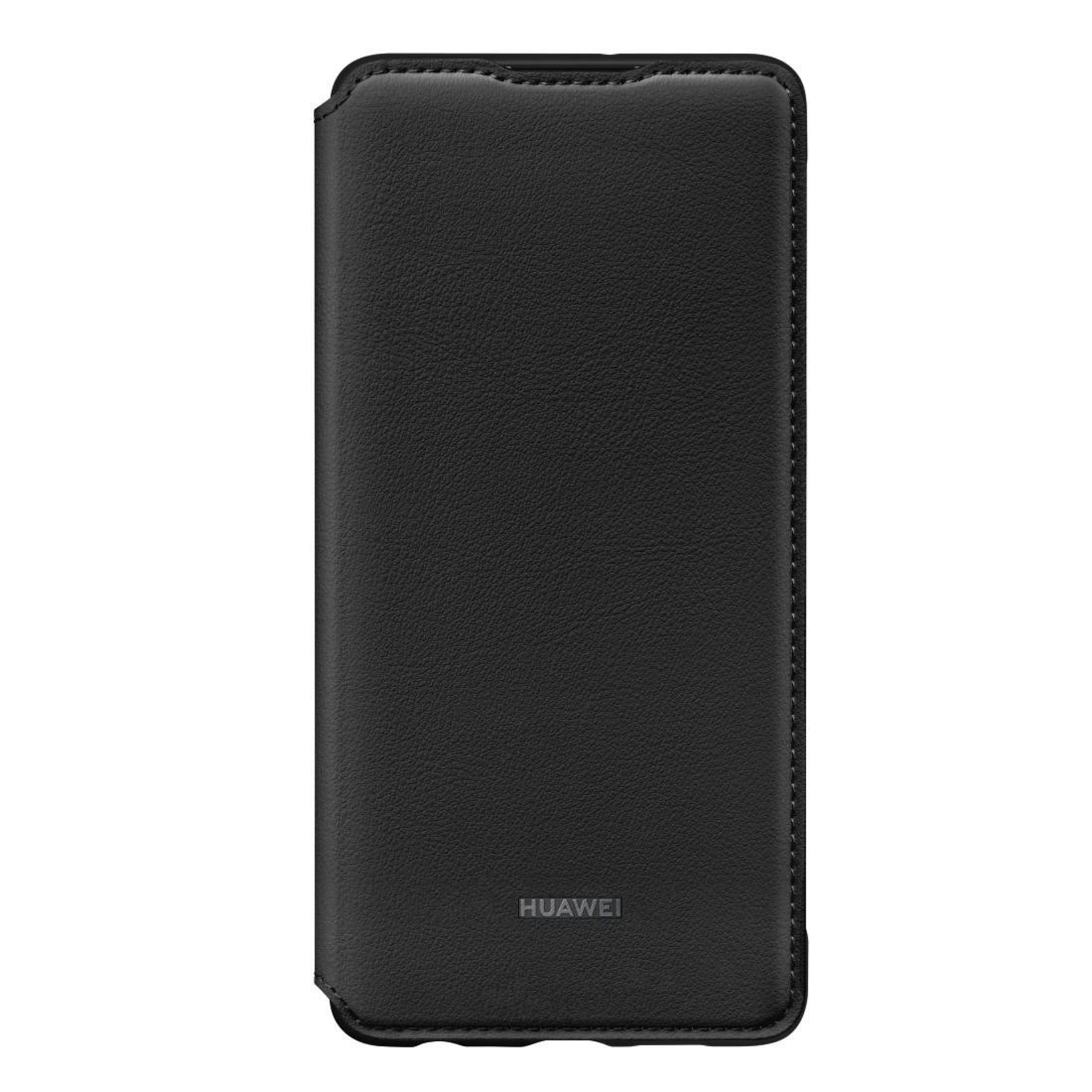 Eine schwarze Handyhülle. Sie ist geschlossen und hat das Huawei-Logo.